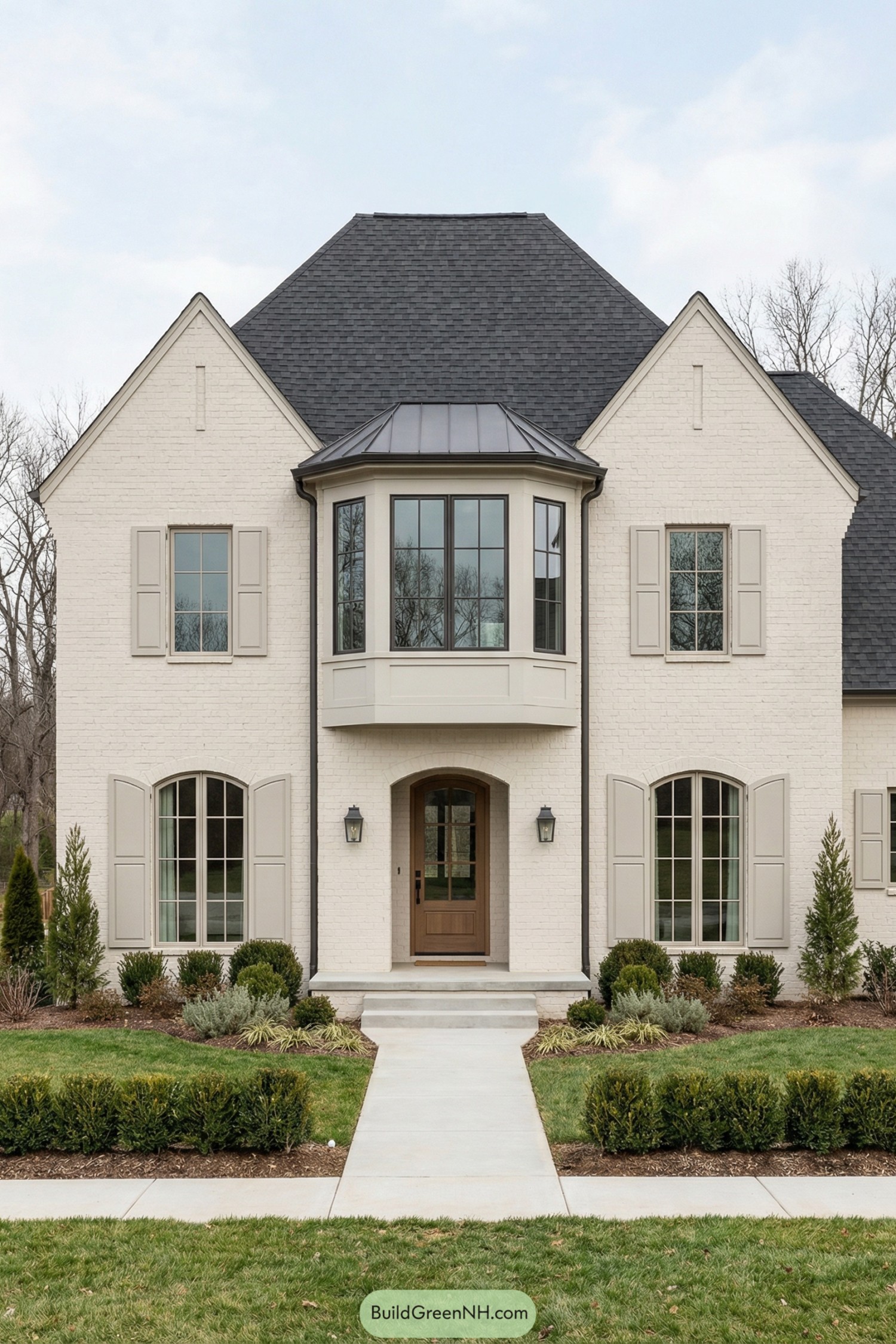 Cream brick French country home with tall windows and manicured front yard