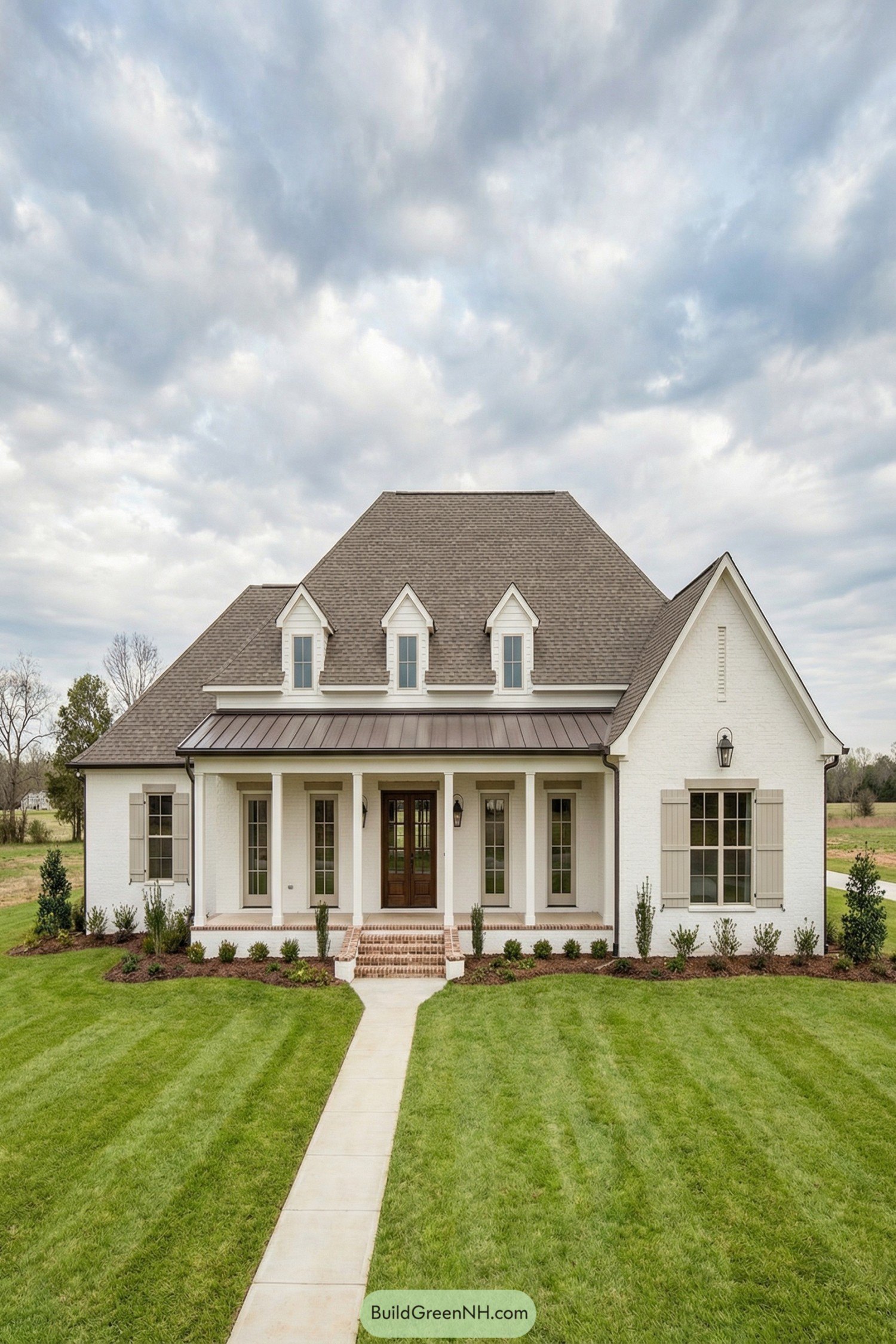 White brick French country home with steep gabled roof front porch and manicured lawn