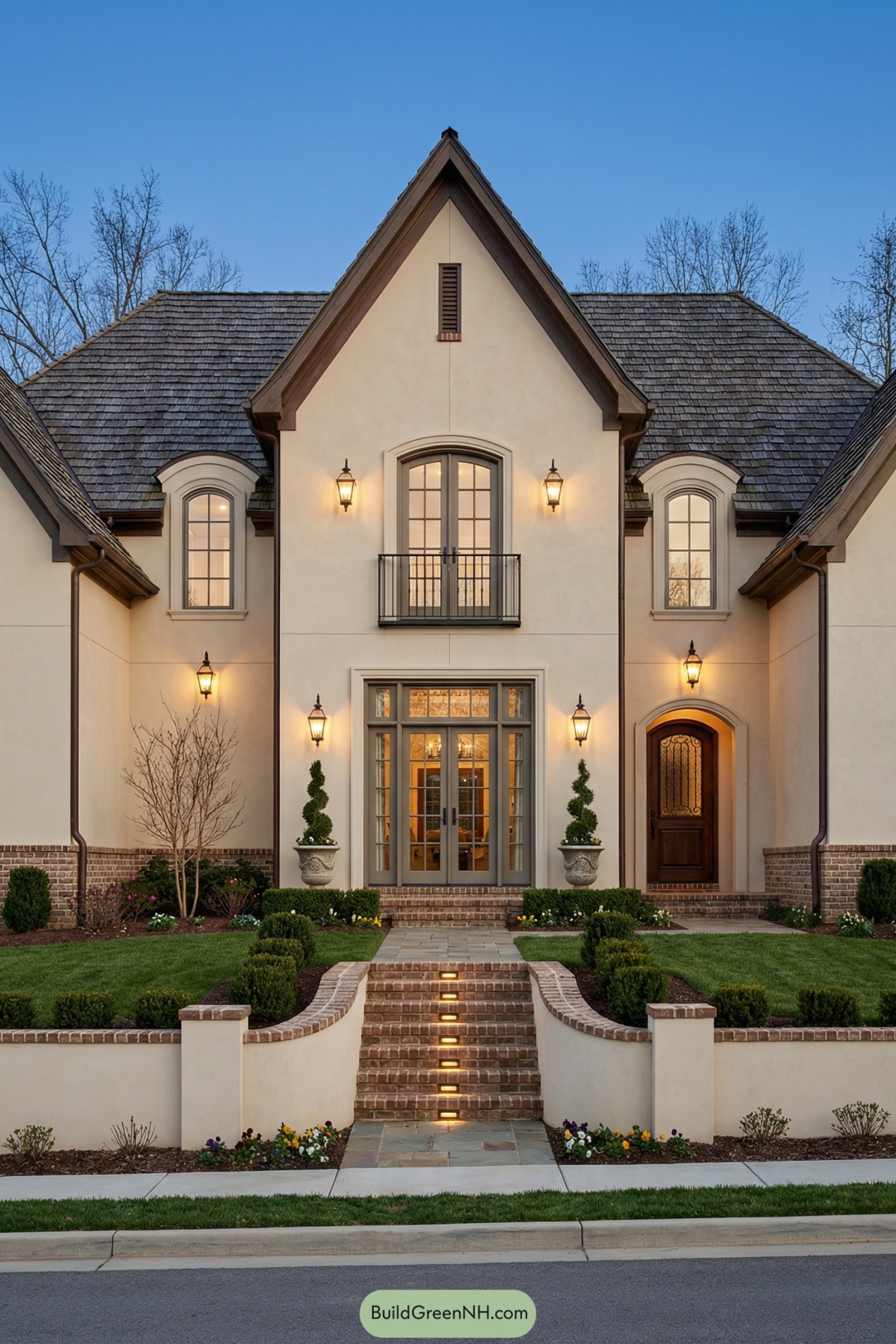 Warmly lit French country style home with central entry, balcony, and manicured front garden