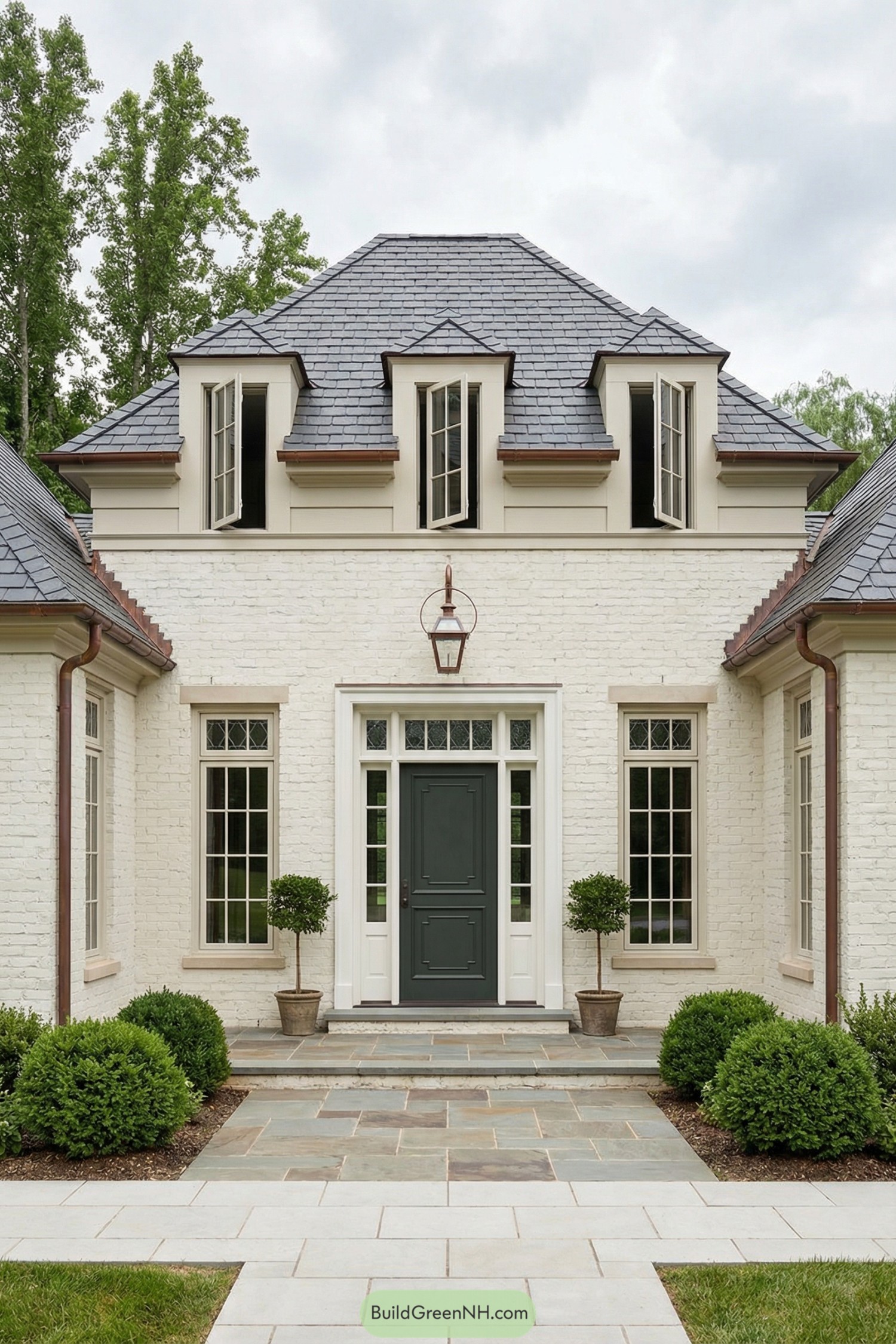Cream brick French country house with dark slate roof, tall windows, and symmetrical front entry framed by potted topiaries