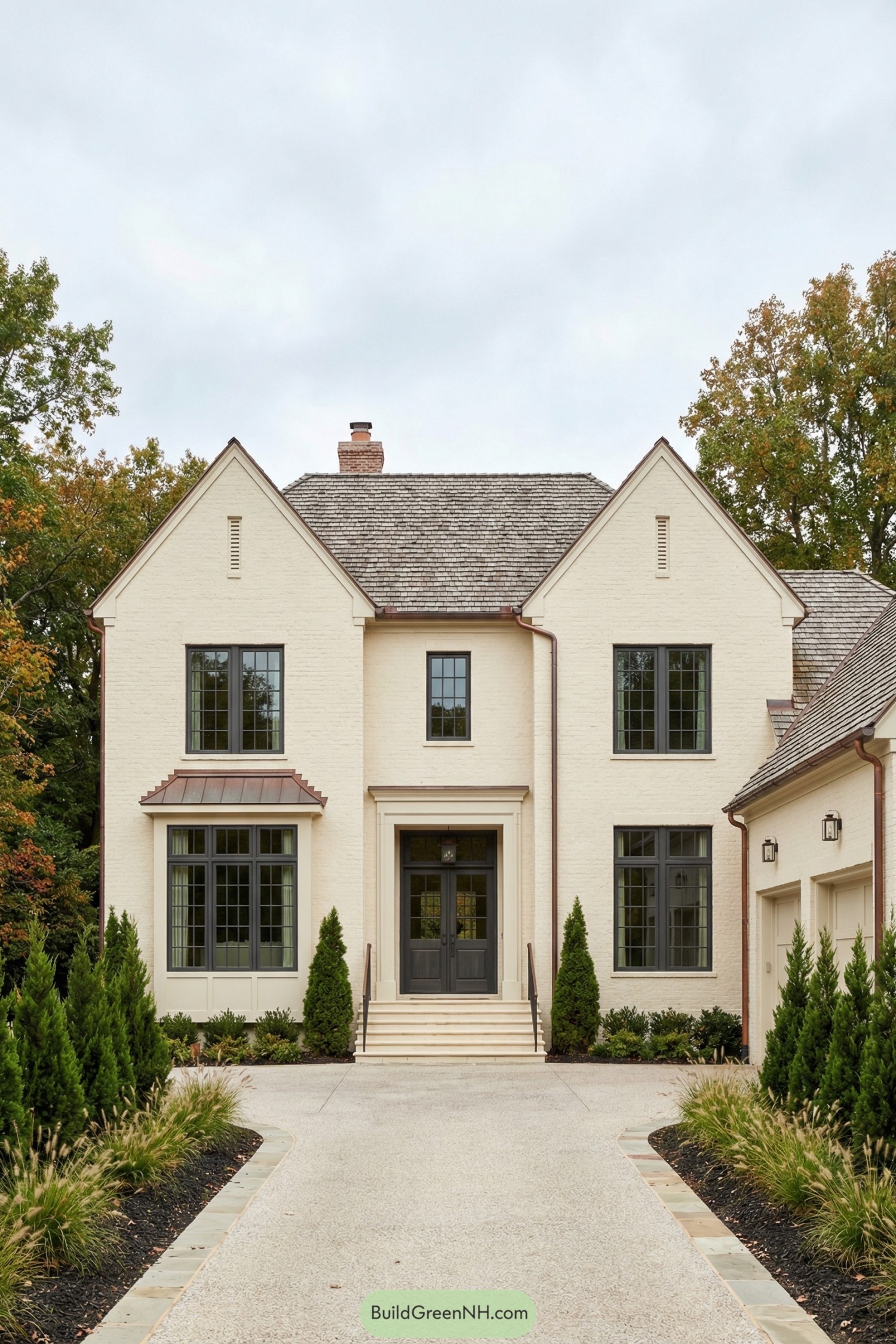 Cream brick French country house with twin front gables and landscaped drive