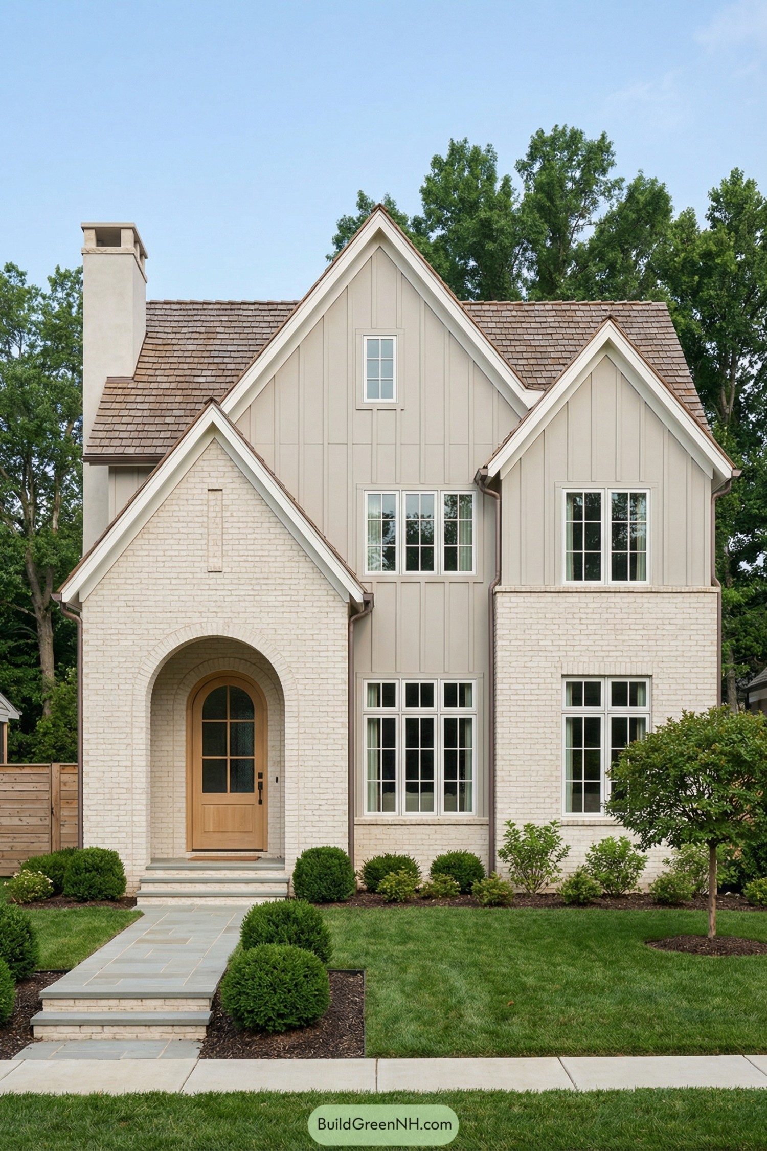 Modern French country house with tall gables and brick
