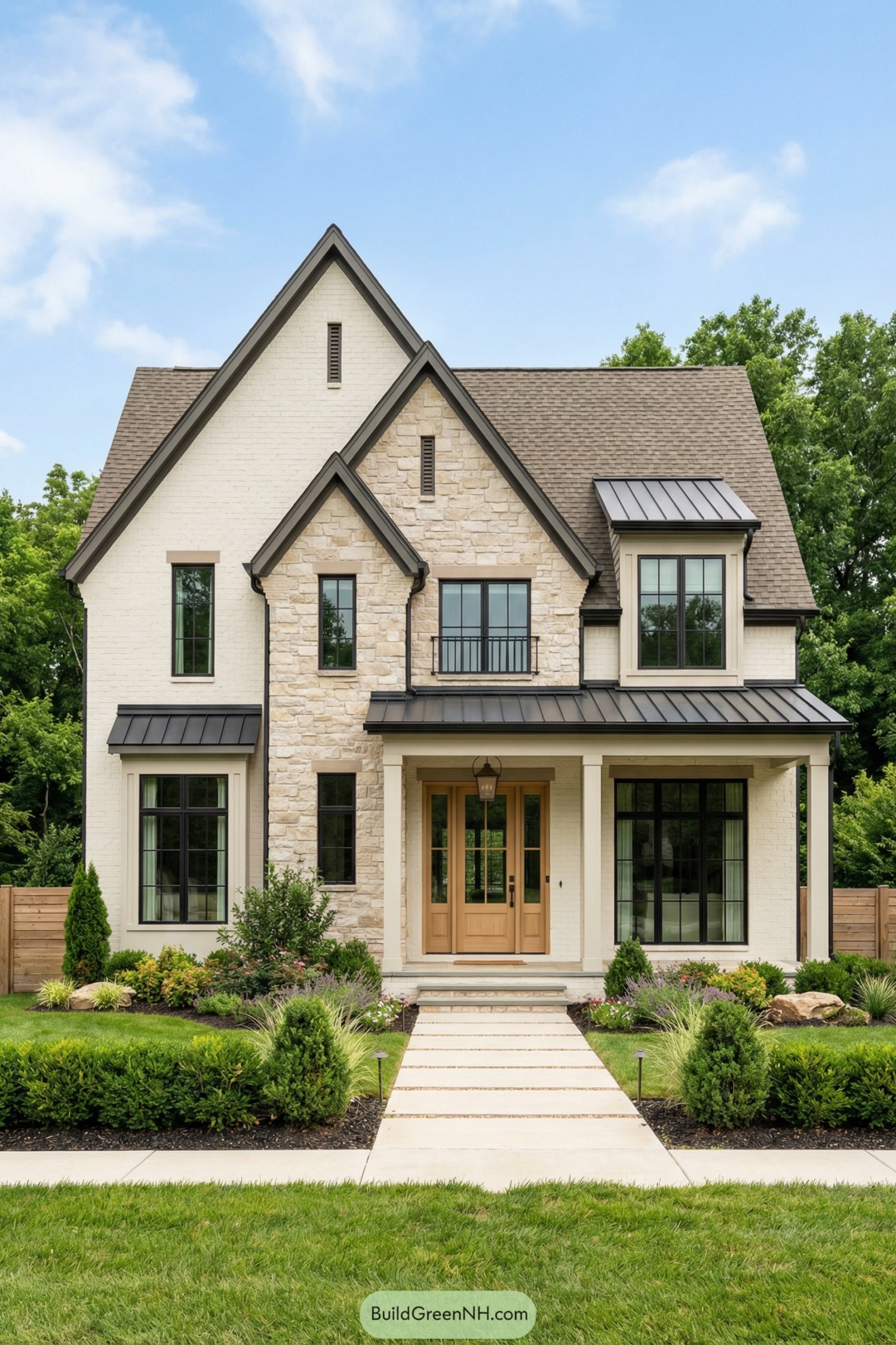 Creamy brick and stone French country house with steep gables and manicured front garden