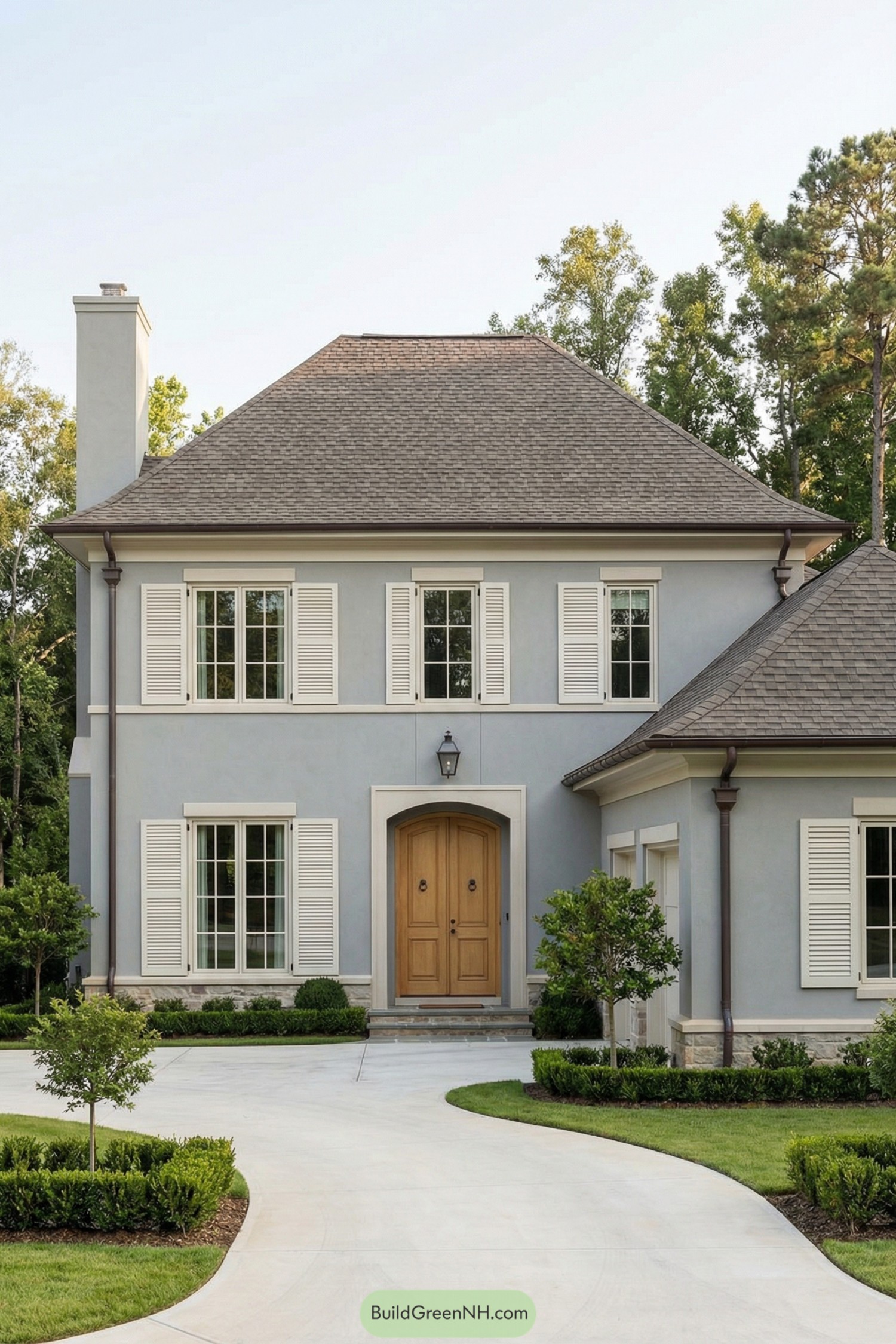 Soft blue French country house with pale shutters and curved drive