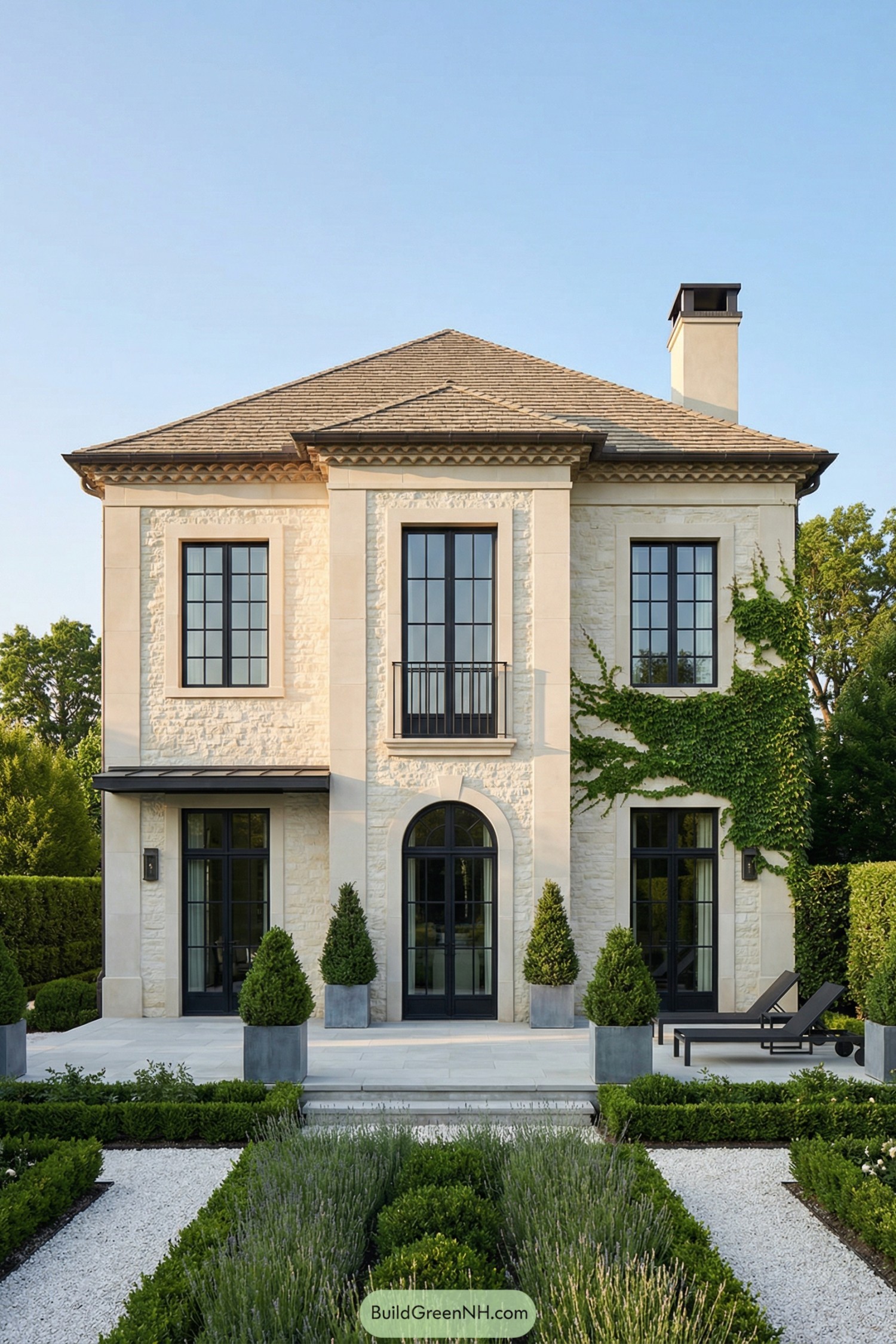 Elegant cream stone French country house with tall black-framed windows, manicured hedges, and potted evergreens along a formal garden path