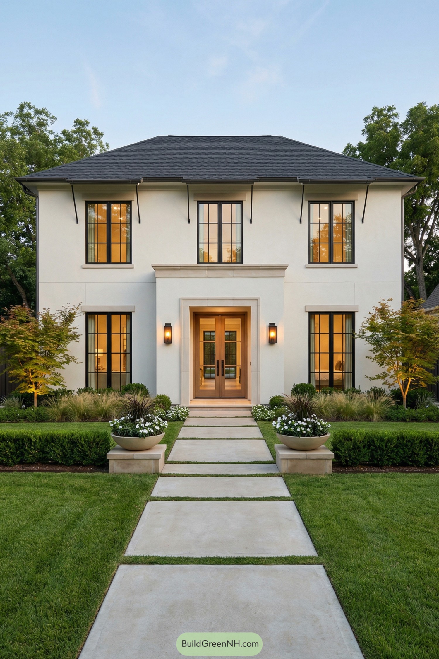 Modern cream stucco French country house with black windows and manicured front walkway