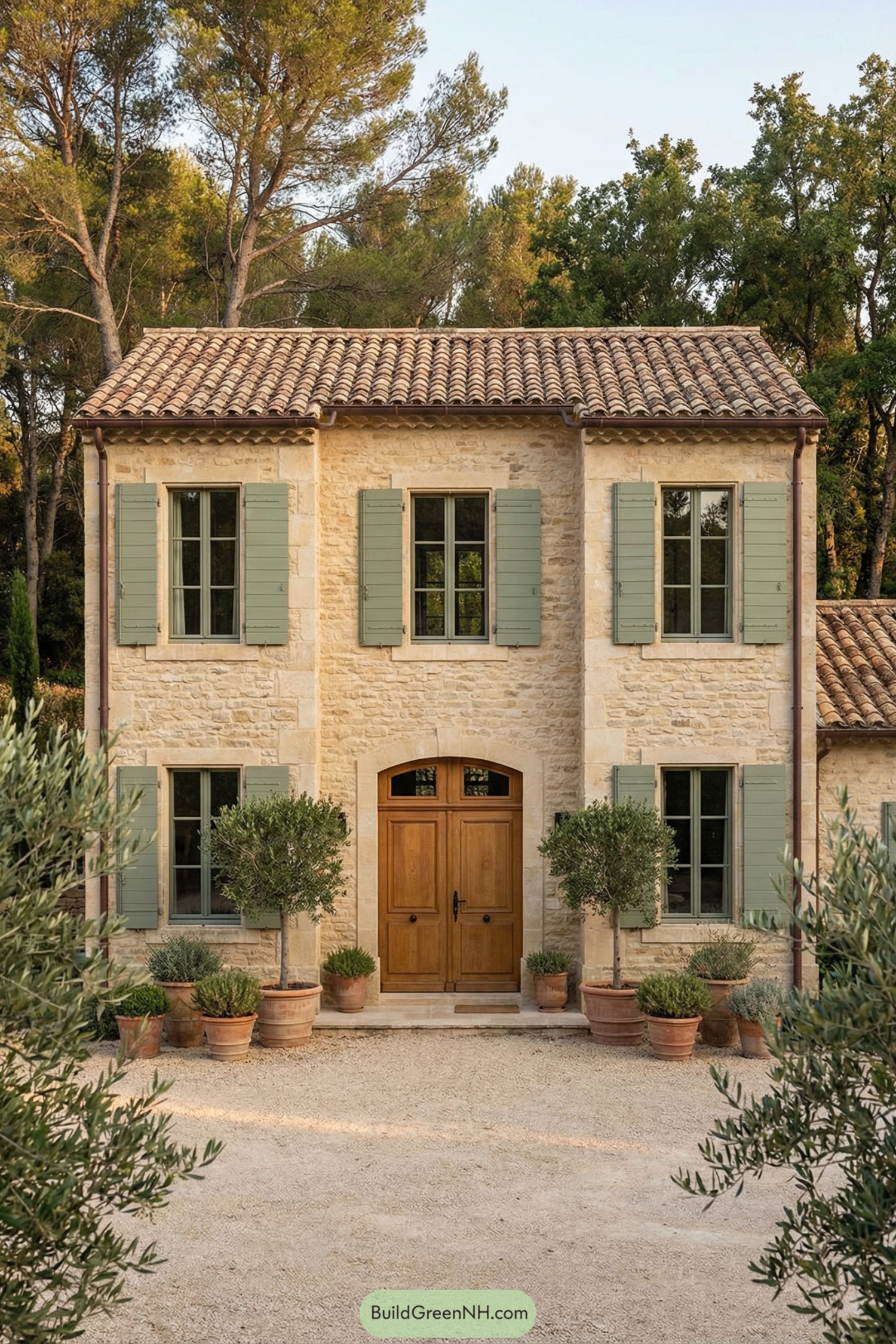 Warm stone French country house with green shutters terracotta roof and potted trees lining a gravel entry