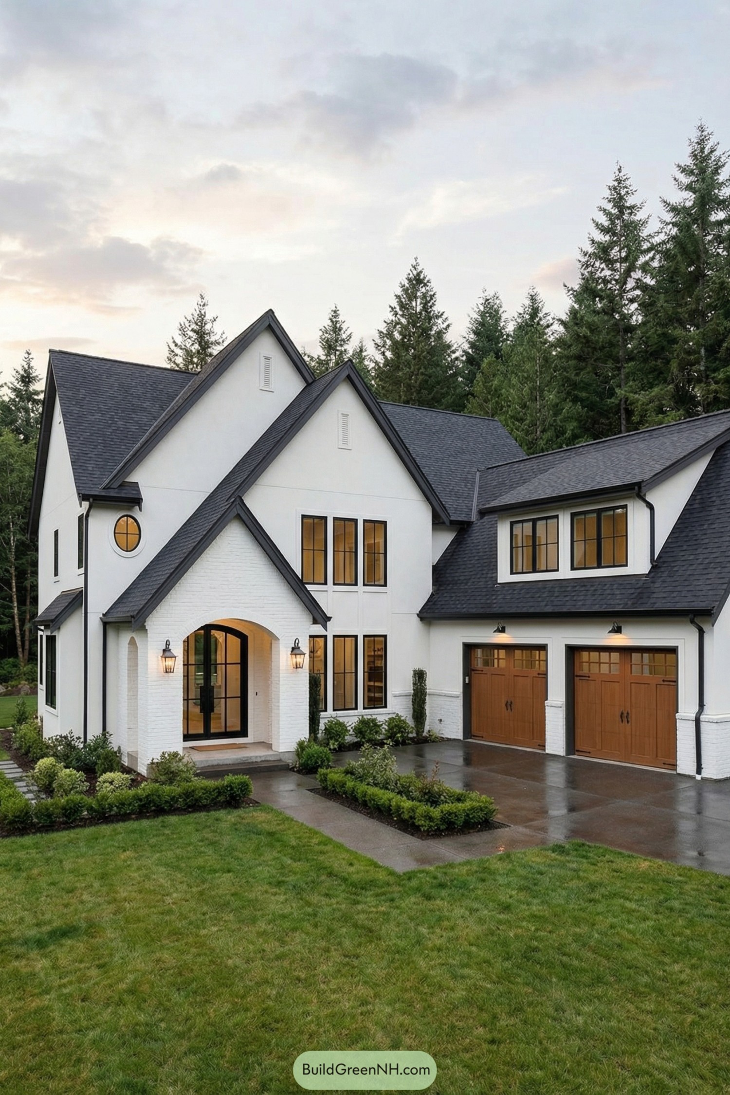 White French country style home with dark roof and warm wood garage doors