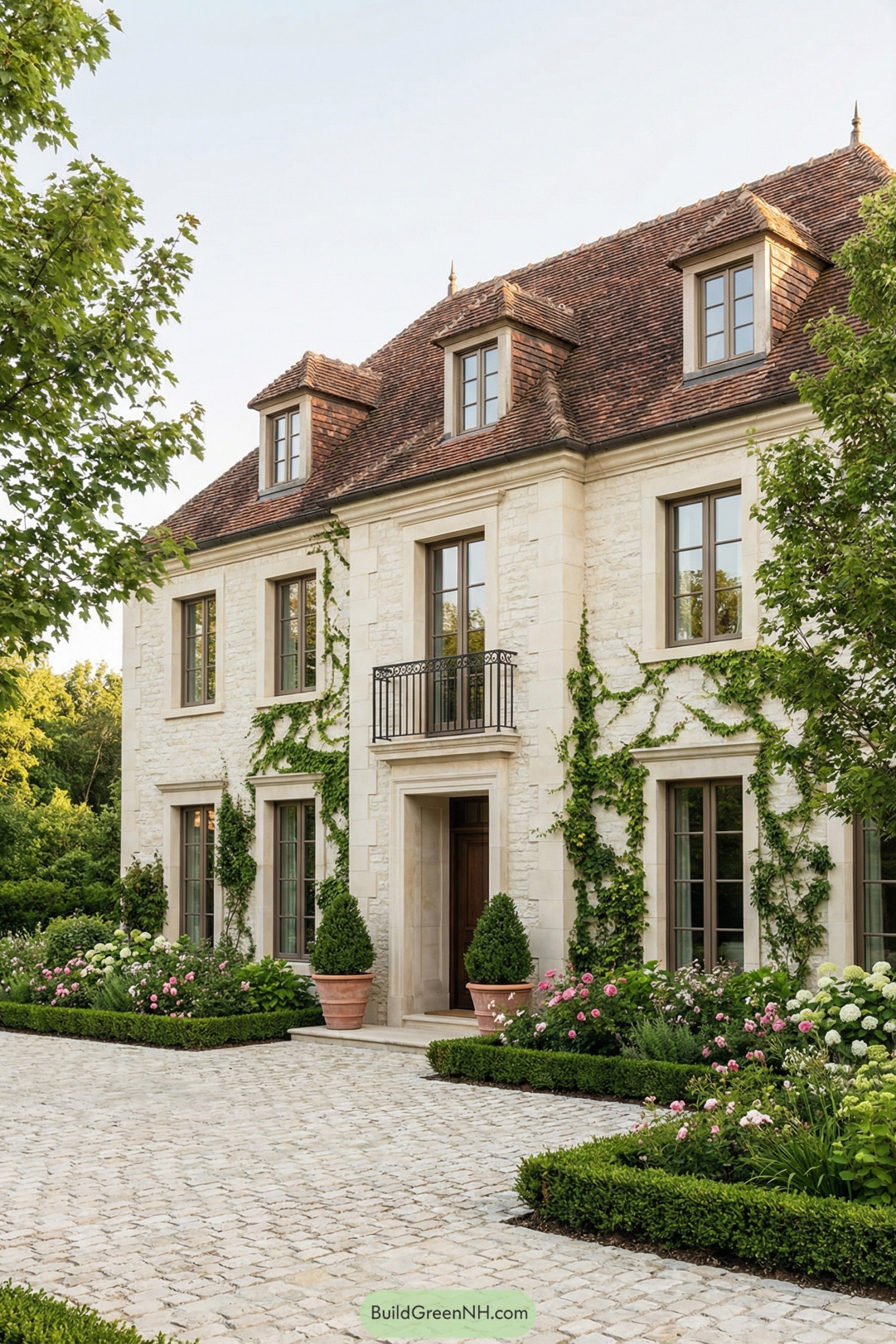Elegant limestone French country house with climbing vines, dormer roof, and lush formal gardens