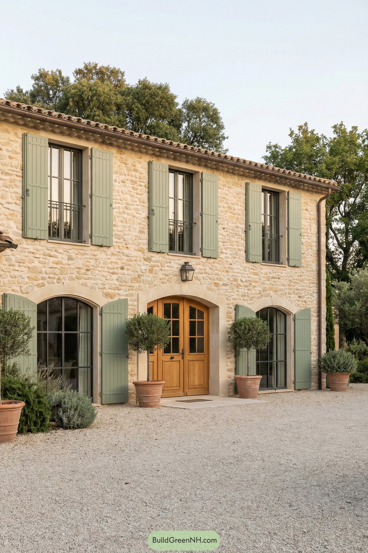 Warm stone French country house with green shutters and arched wood front door framed by potted trees