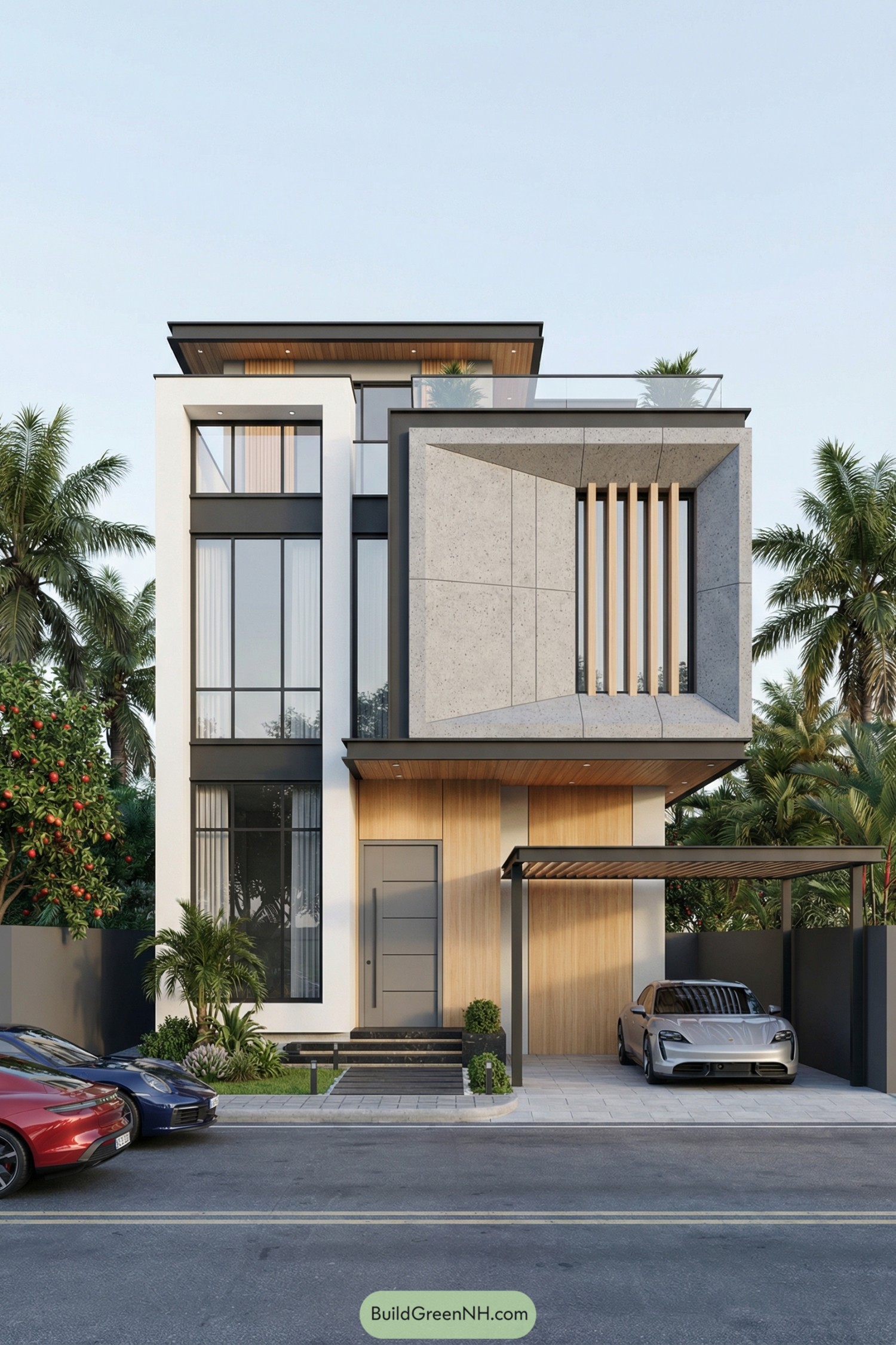 Modern three story house with bold boxed facade and open carport