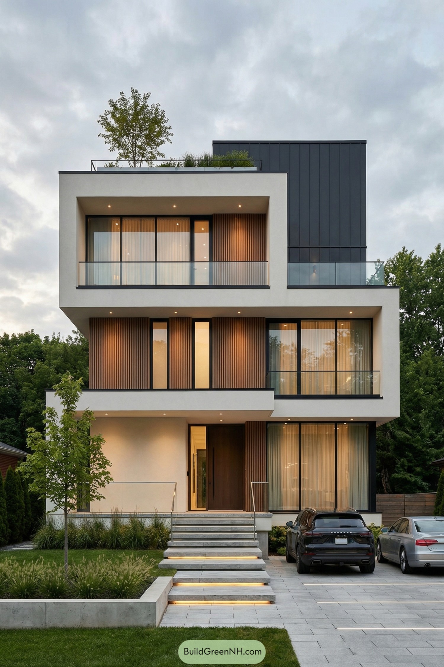 Modern three story house with stacked balconies and rooftop greenery