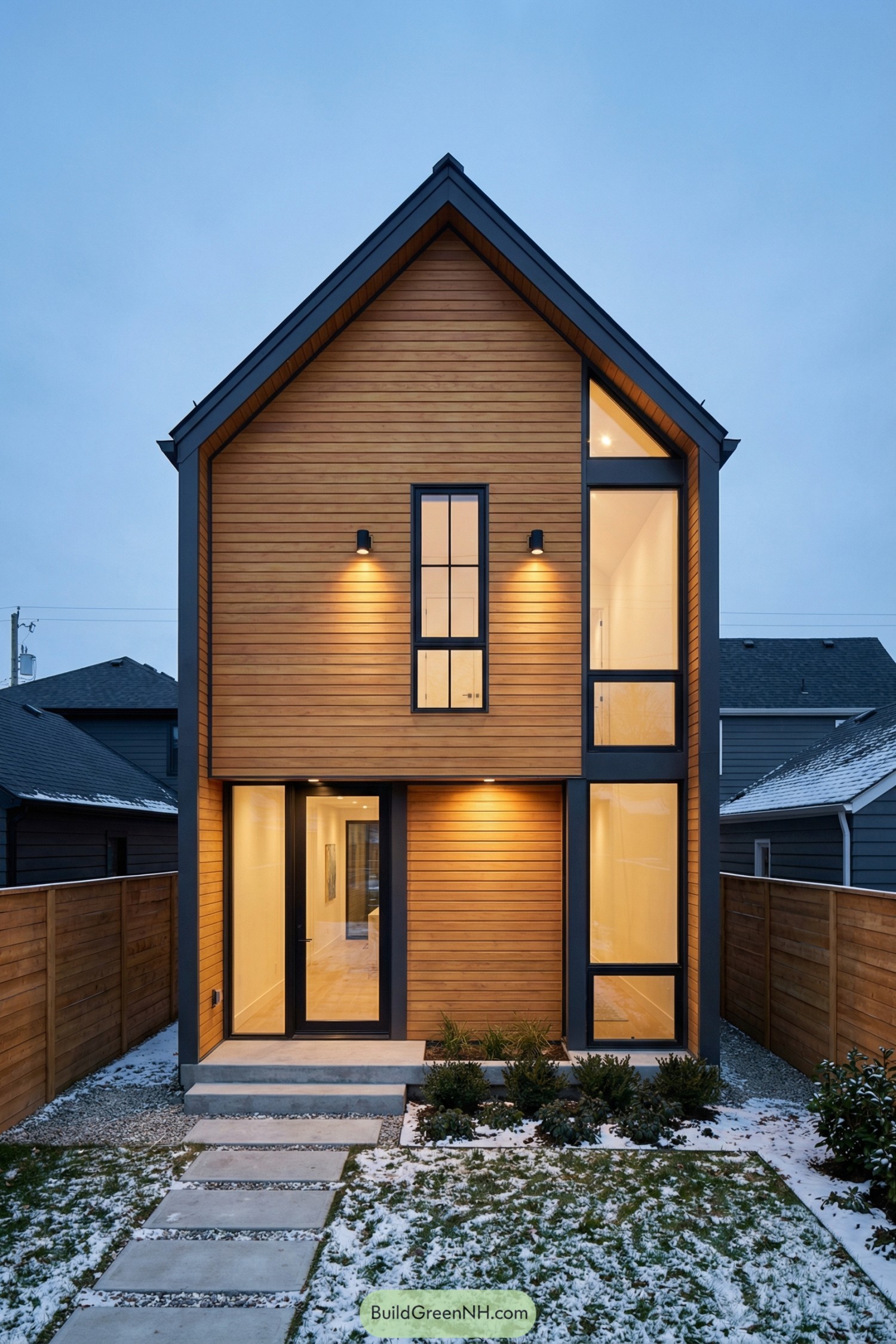 Modern narrow house with warm wood siding and tall black framed windows