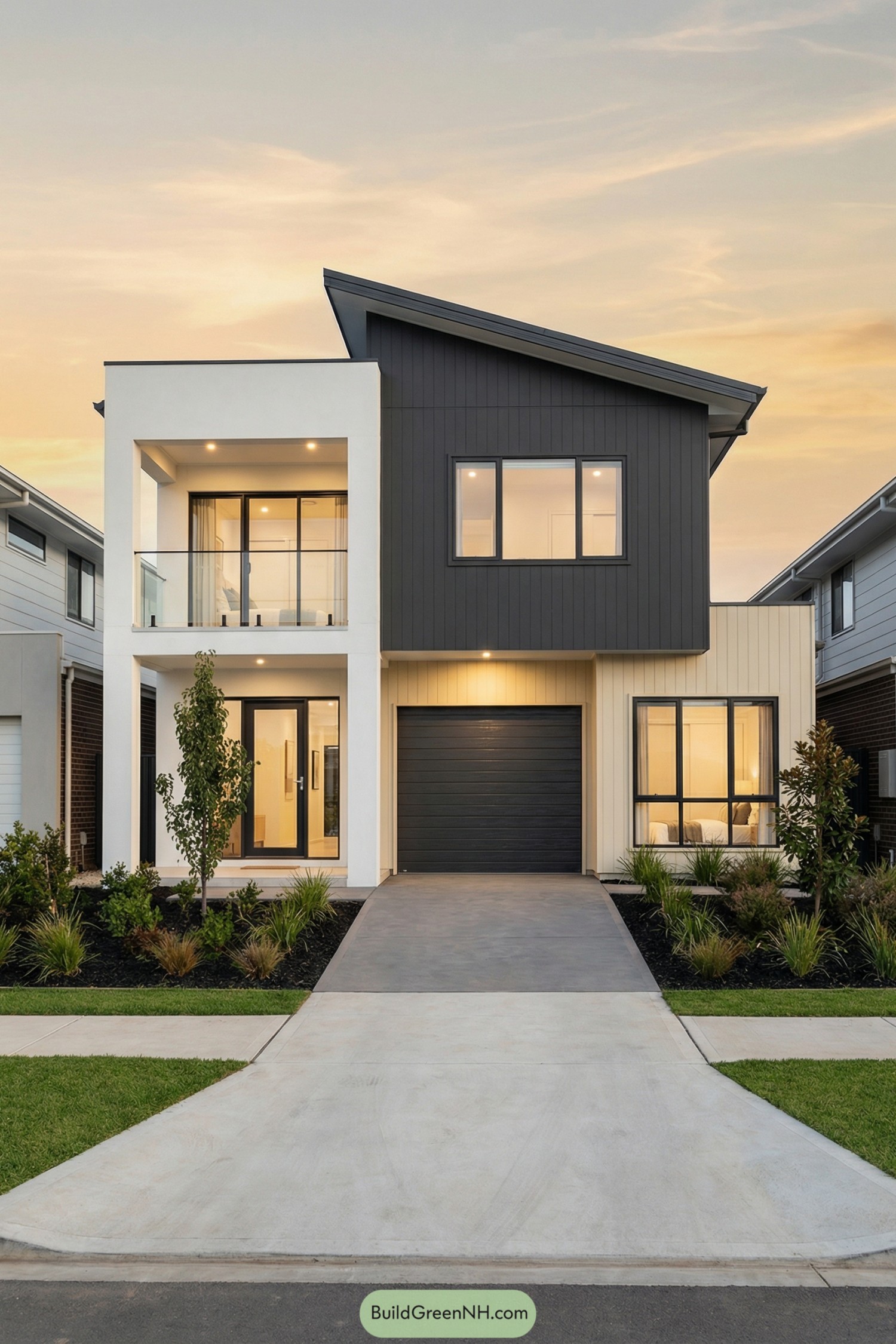 Modern two story house with angular roof and mixed light dark cladding
