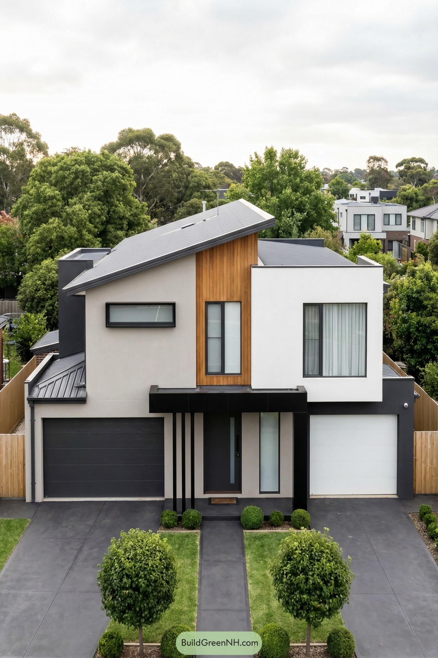 Contemporary two story home with angled roof