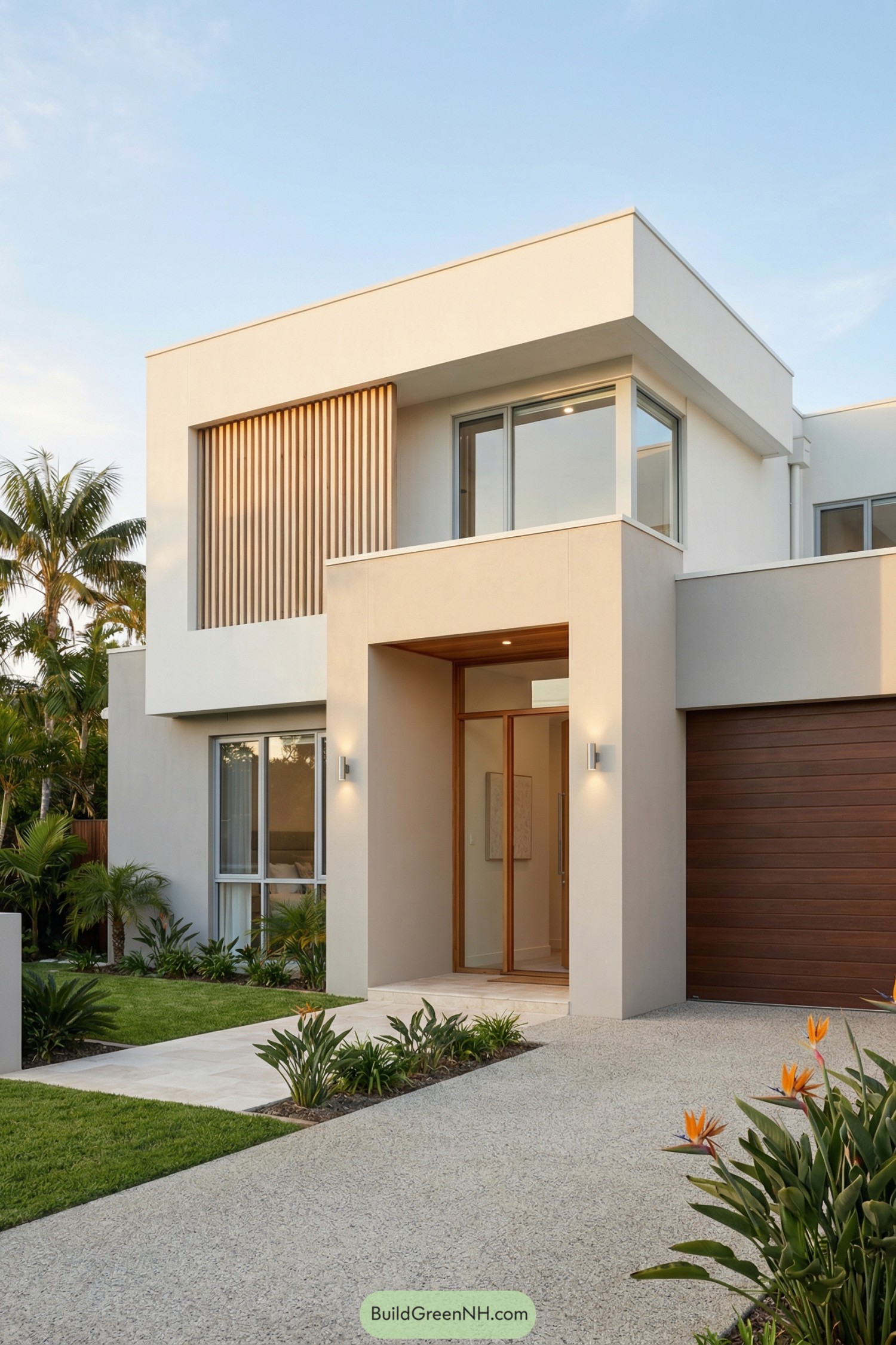 Modern two story house with light stucco walls, vertical timber slats and large windows beside a simple landscaped front yard