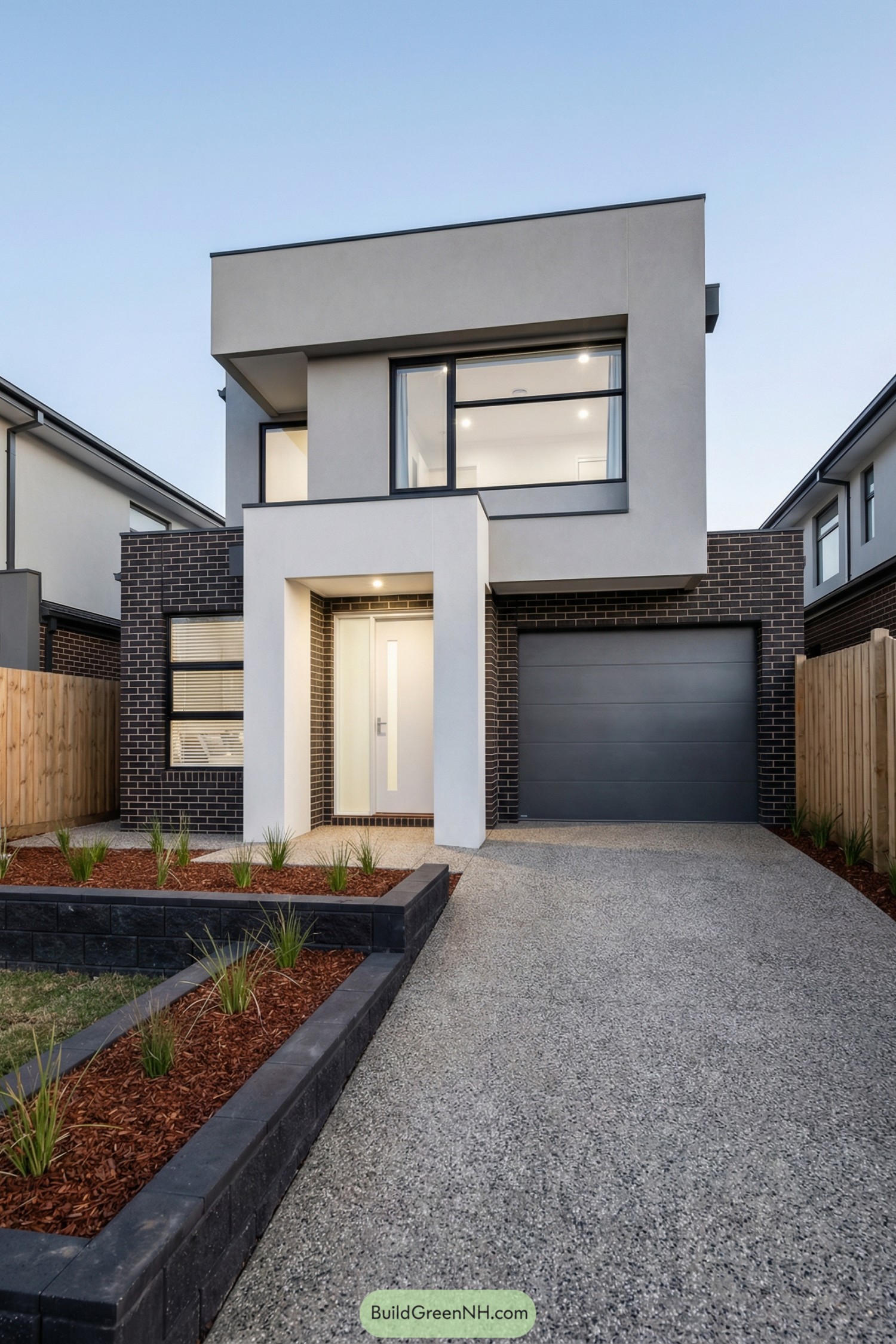 Two story modern house with boxy mixed brick and render facade, wide upper window, and single garage