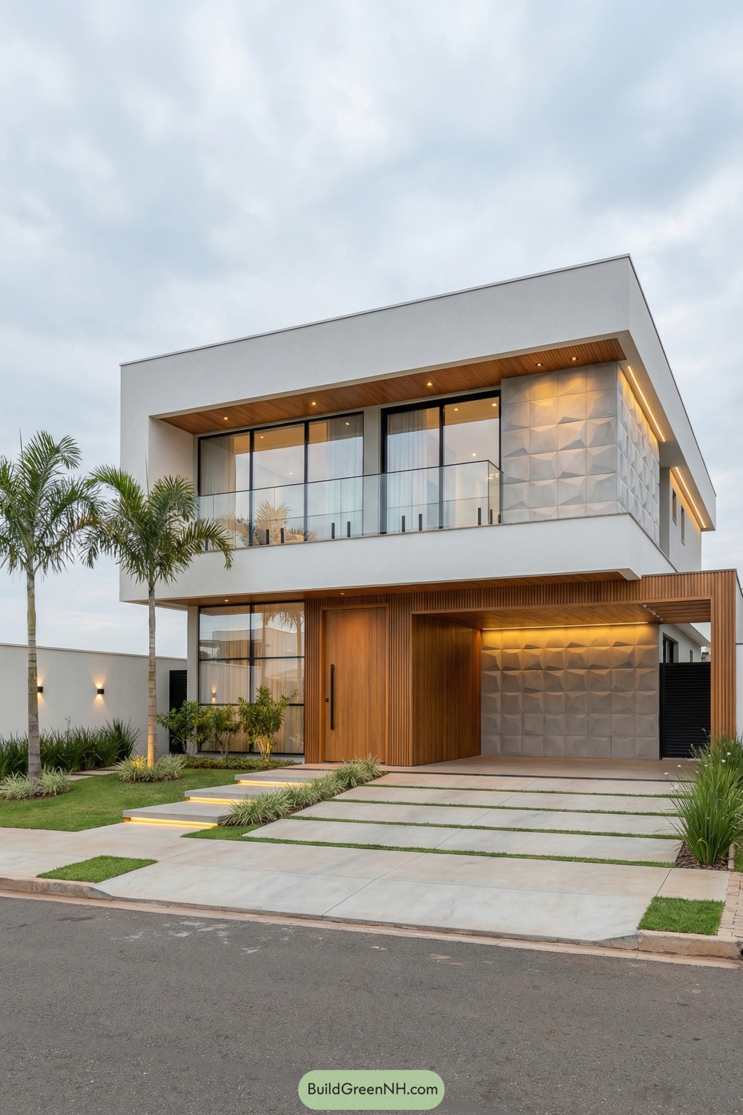 Modern two story house with white volumes wood accents and textured concrete panels. Glass balcony and recessed lighting highlight the front facade