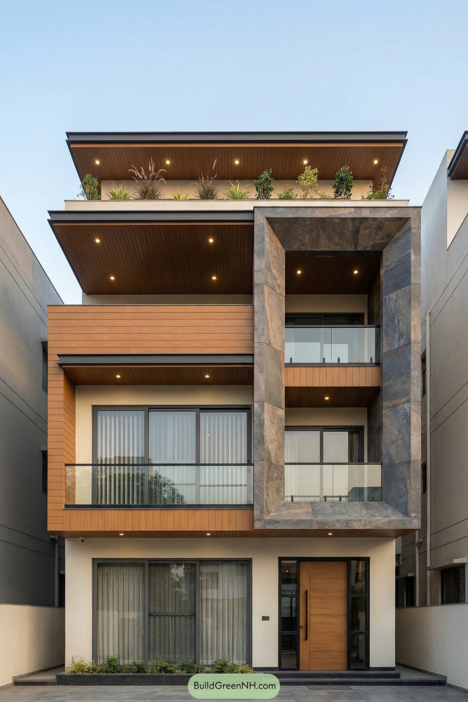 Modern three story house with stone frame wood accents and rooftop garden