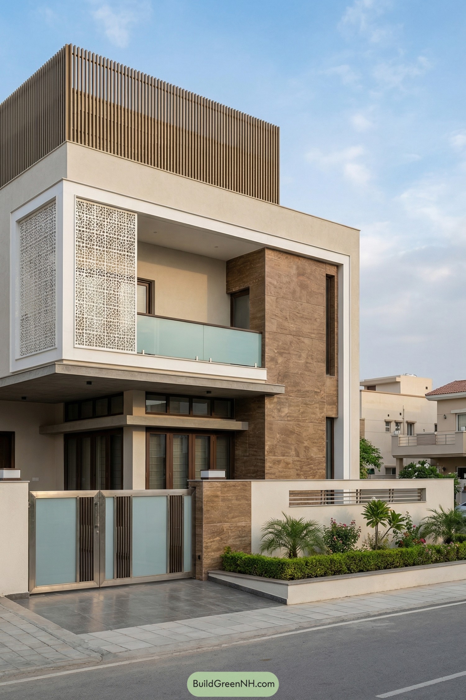 Modern three story house with layered stone and white surfaces