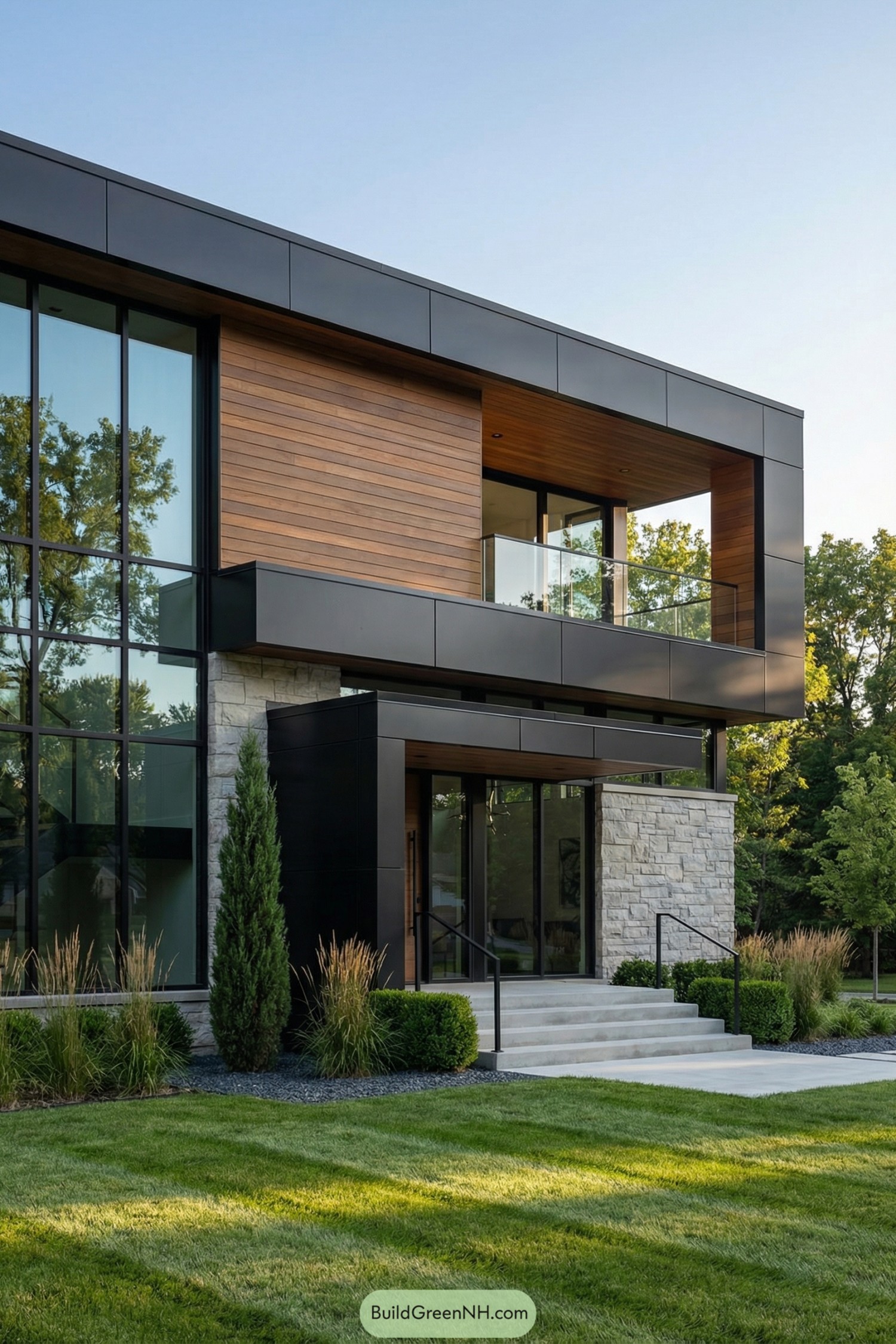 Modern two story house with black metal frame wood panels stone accents and large glass walls