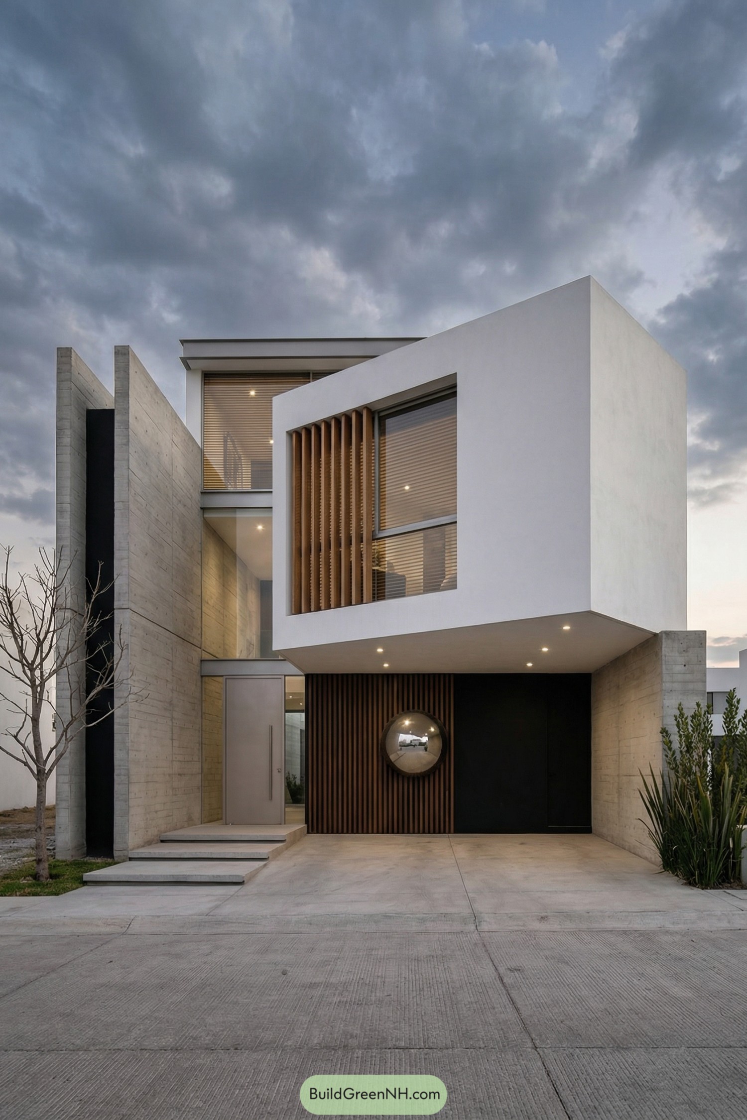 Modern two story house facade with white cantilevered box wood slats and exposed concrete walls