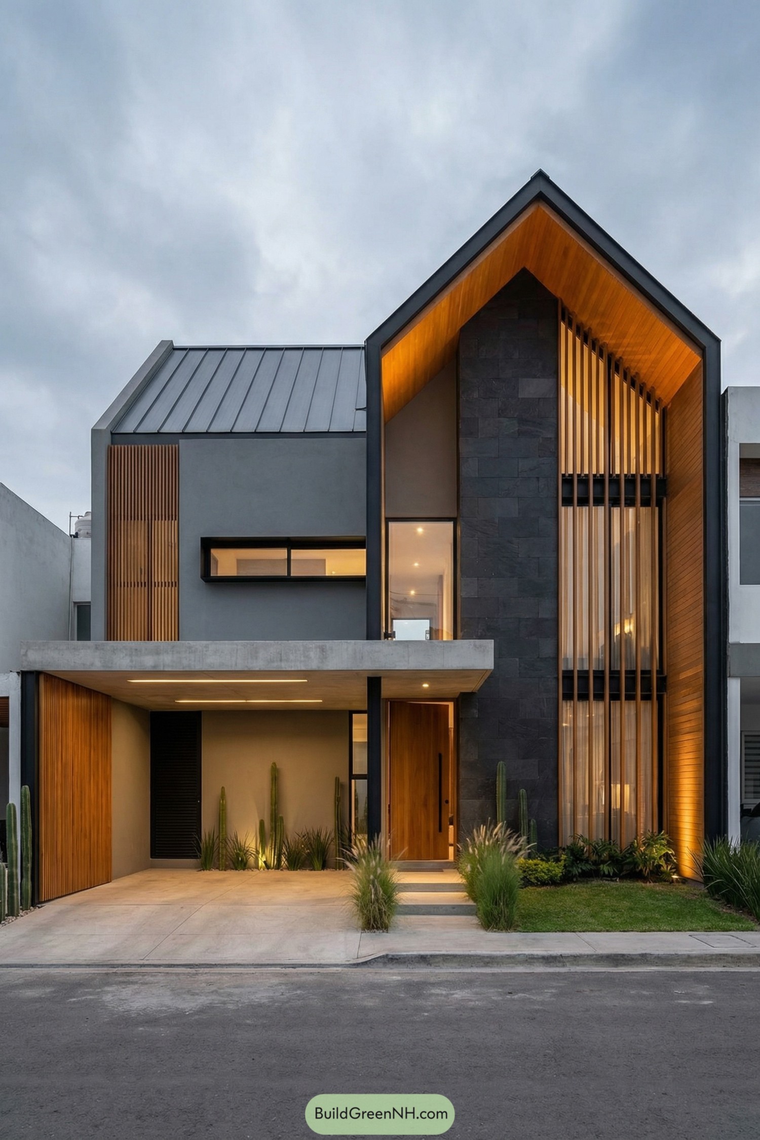 Modern two story house with tall gabled entry, warm wood accents, and cactus landscaping