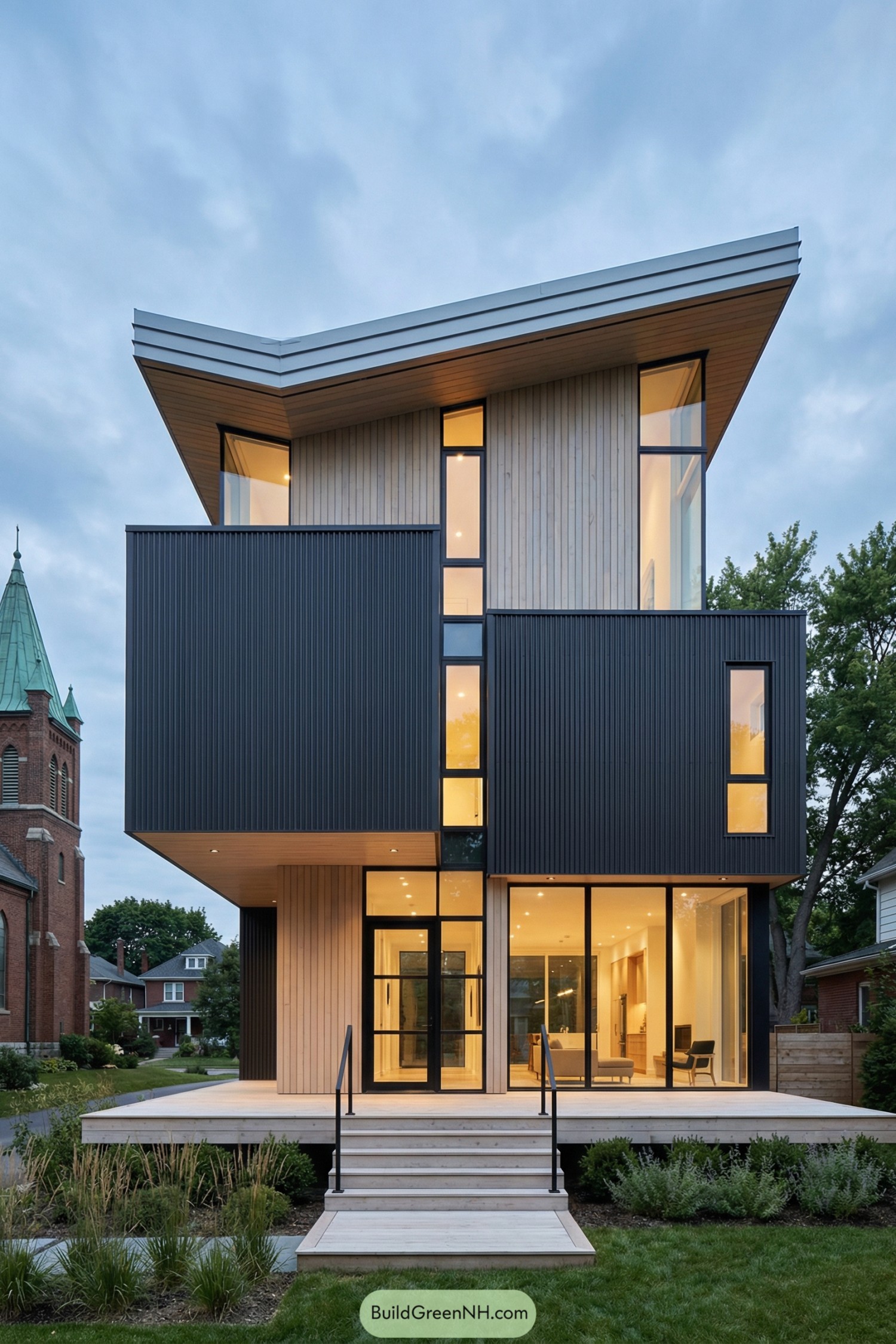 high-res photo of modern house facade, sharp-edged minimalist cubic volumes with slight front cantilever and angular overhangs, facade clad in vertical dark charcoal corrugated metal panels with recessed planes lined in pale natural wood, asymmetrical folded mono-pitch roof with thin metal edges and exposed light wood soffits, large floor-to-ceiling glass walls at ground level and tall narrow vertical windows and corner glazing on upper levels with warm interior lighting, slim black metal-framed glass entrance door recessed under the overhang, broad pale wood terrace platform with wide central stairs leading up from the front yard, simple black metal railings flanking the steps and along the side, lower-level frontage partially visible with glass and light spilling out, minimal landscaping with low grasses and shrubs around the terrace and along the driveway, neighboring brick tower-like building with green spire on the left and distant residential structures framed by mature trees, overcast evening sky with soft blue tones enhancing contrast with warm interior glow, single real-life photo, high-resolution, architectural photography, soft lighting, cinematic composition.