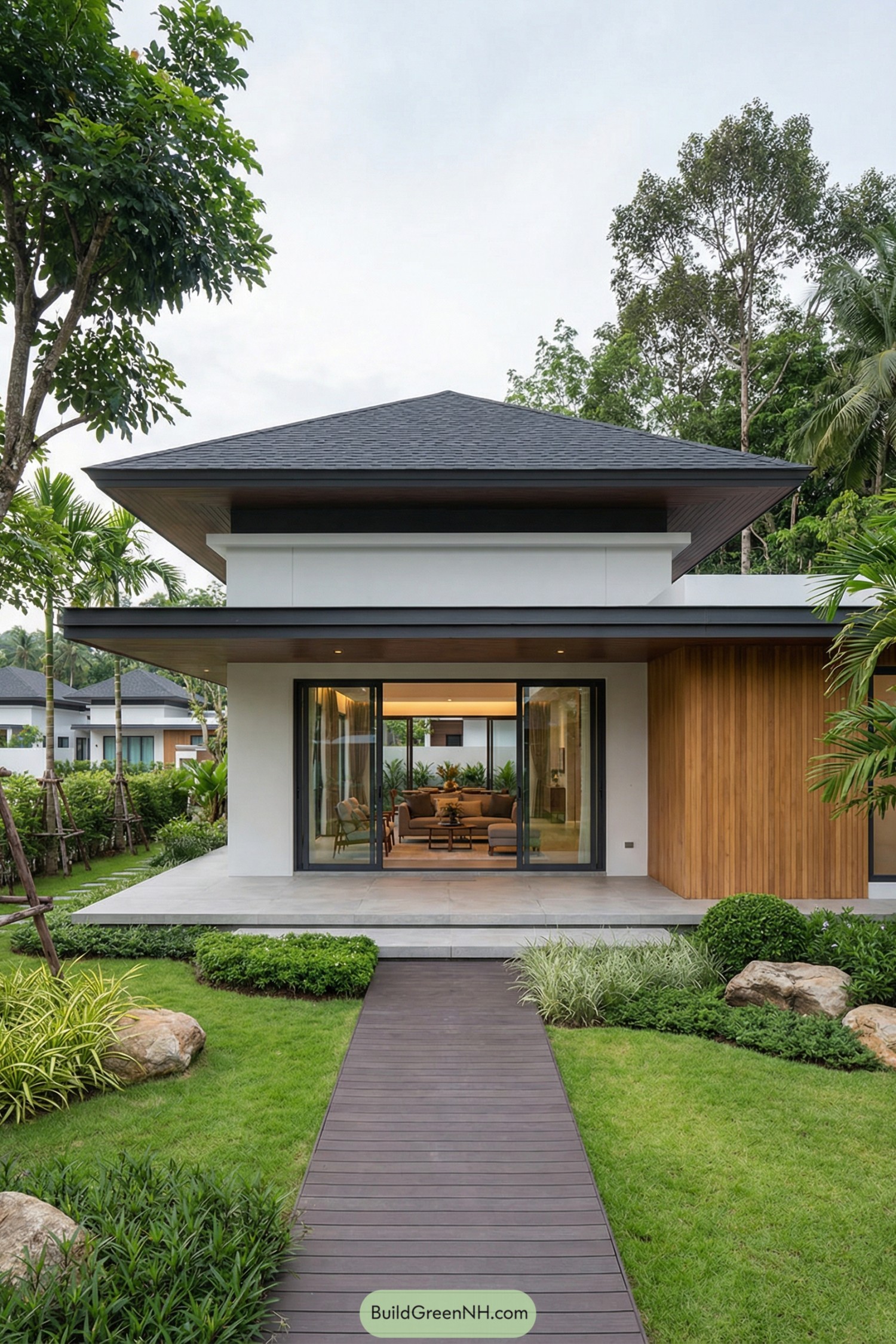 Modern single story house with wide eaves glass doors and lush landscaped garden pathway