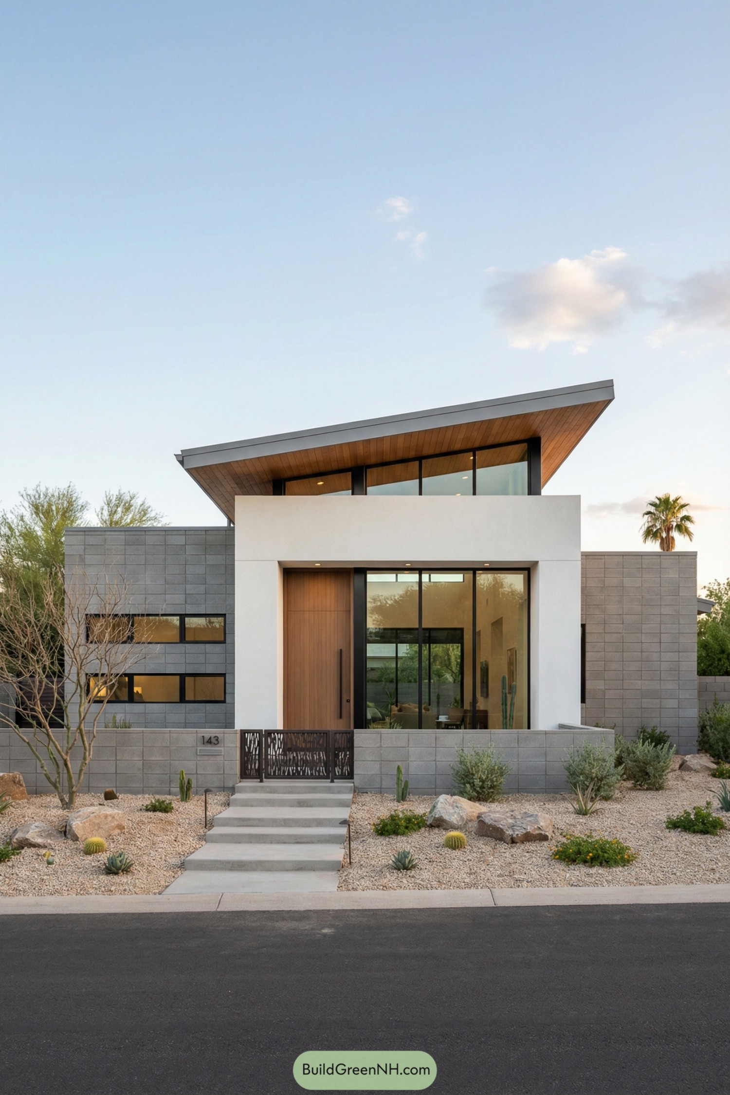 Modern desert home with slanted roof large glazing and stone and stucco facade