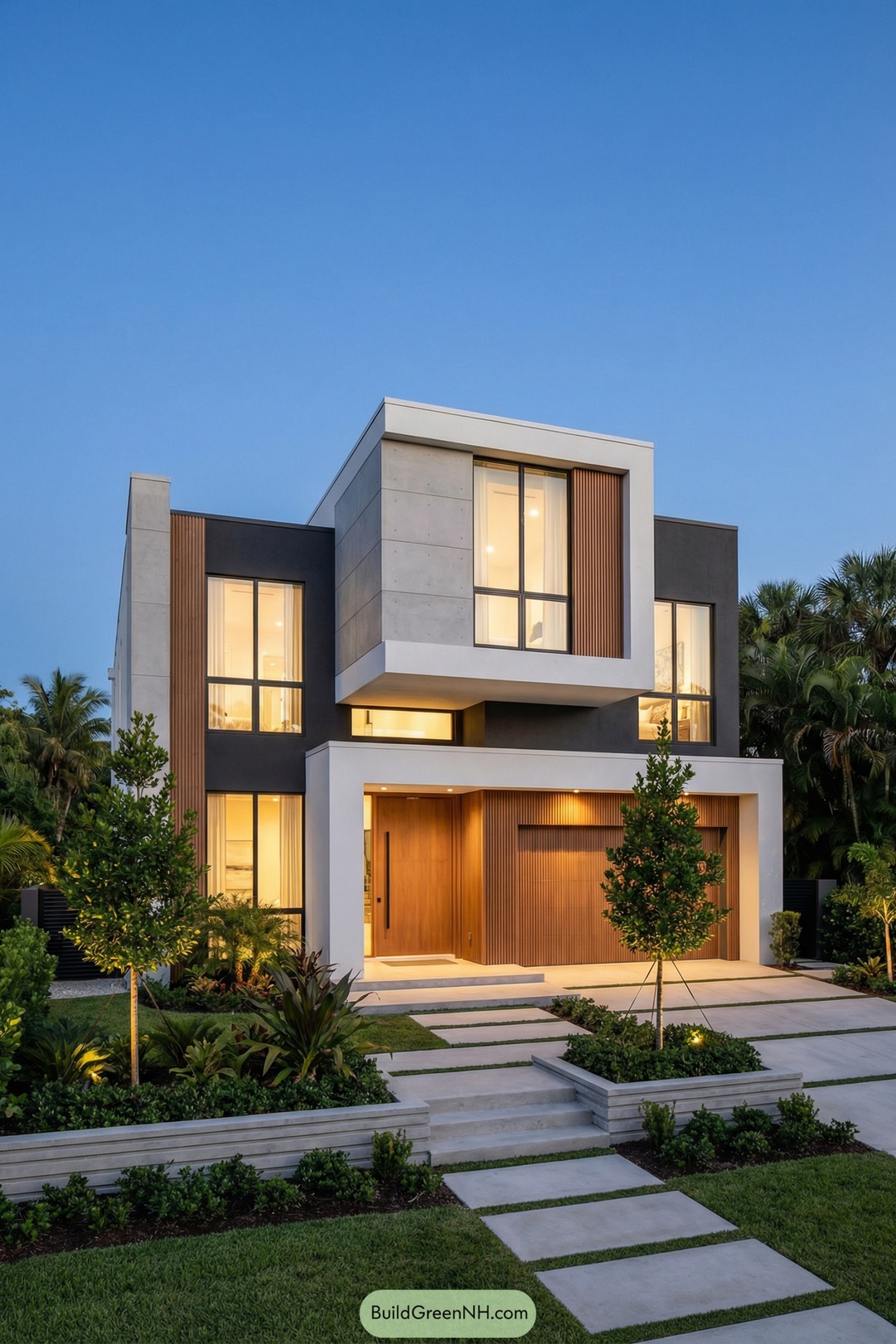 Modern two story house with clean geometric facade and lush front yard