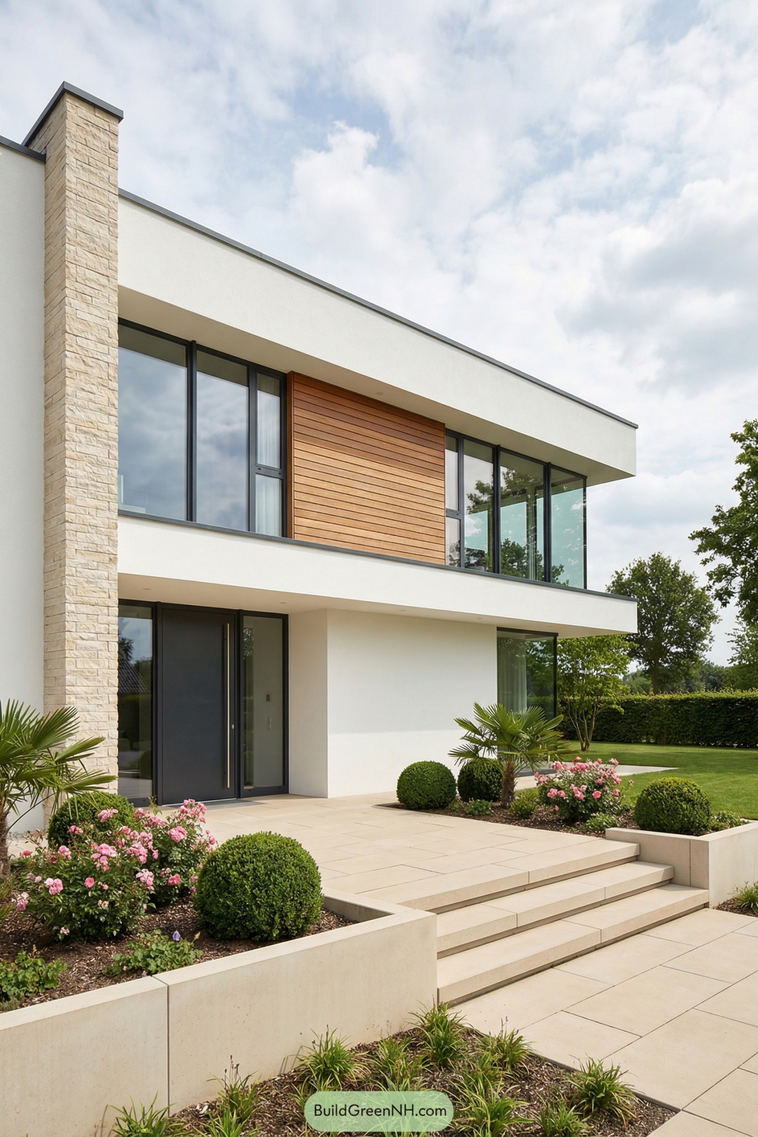 Two story modern house with glass and wood facade overlooking landscaped entry garden