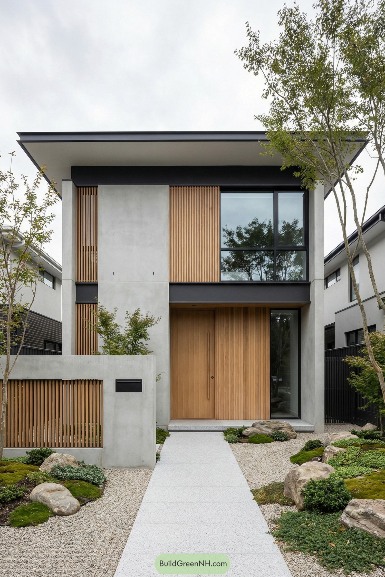 Modern two story house with concrete and wood slats facing a minimalist rock garden
