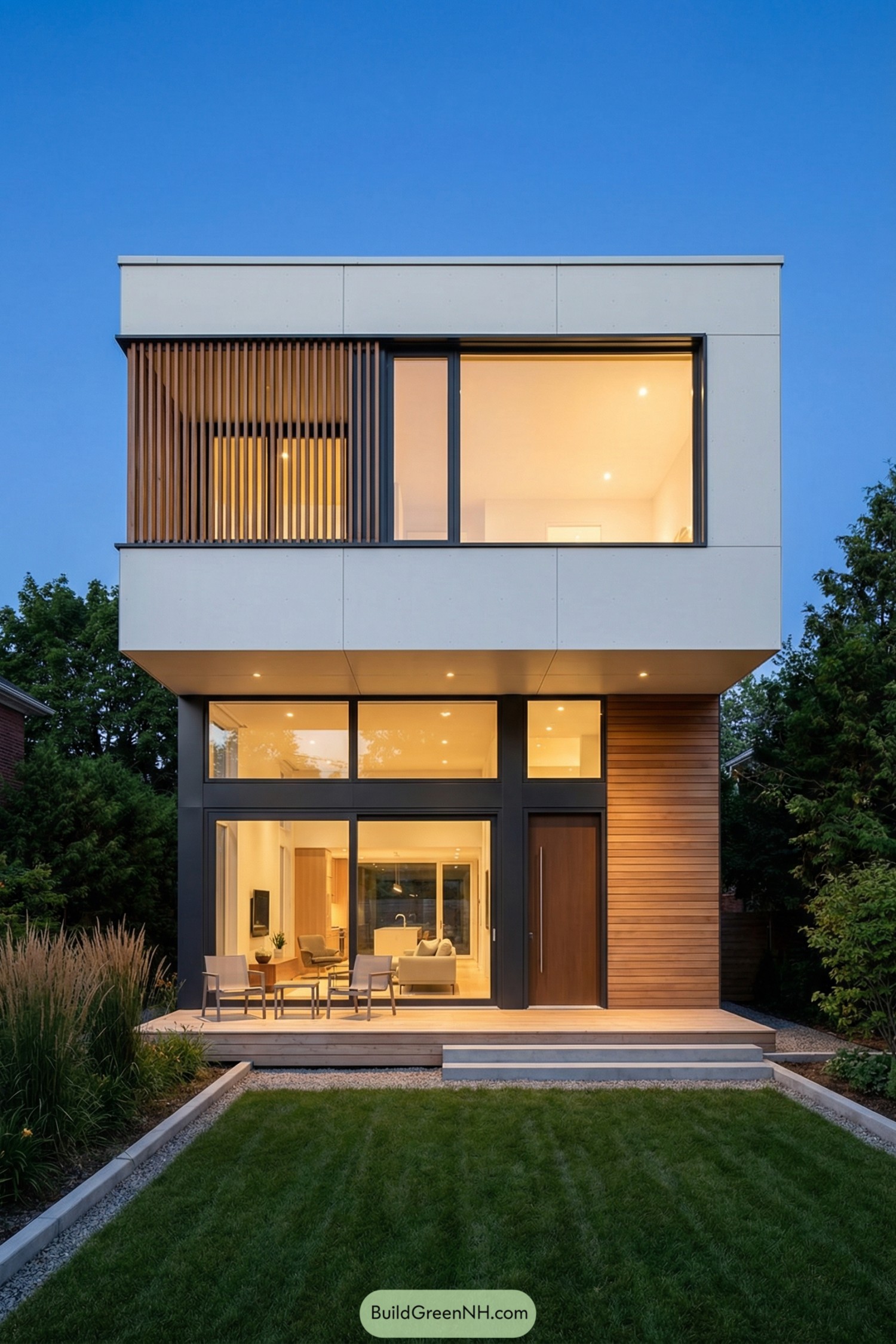 Modern two story house with large glass walls warm interior lighting and vertical timber accents facing a simple garden lawn