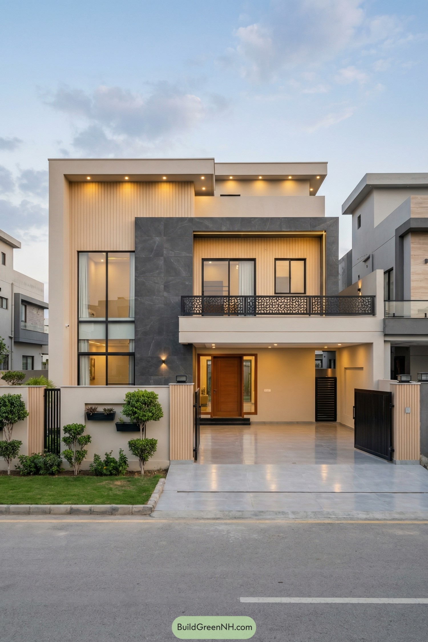 Modern two story house with layered rectangular forms stone and beige cladding front balcony and gated drive