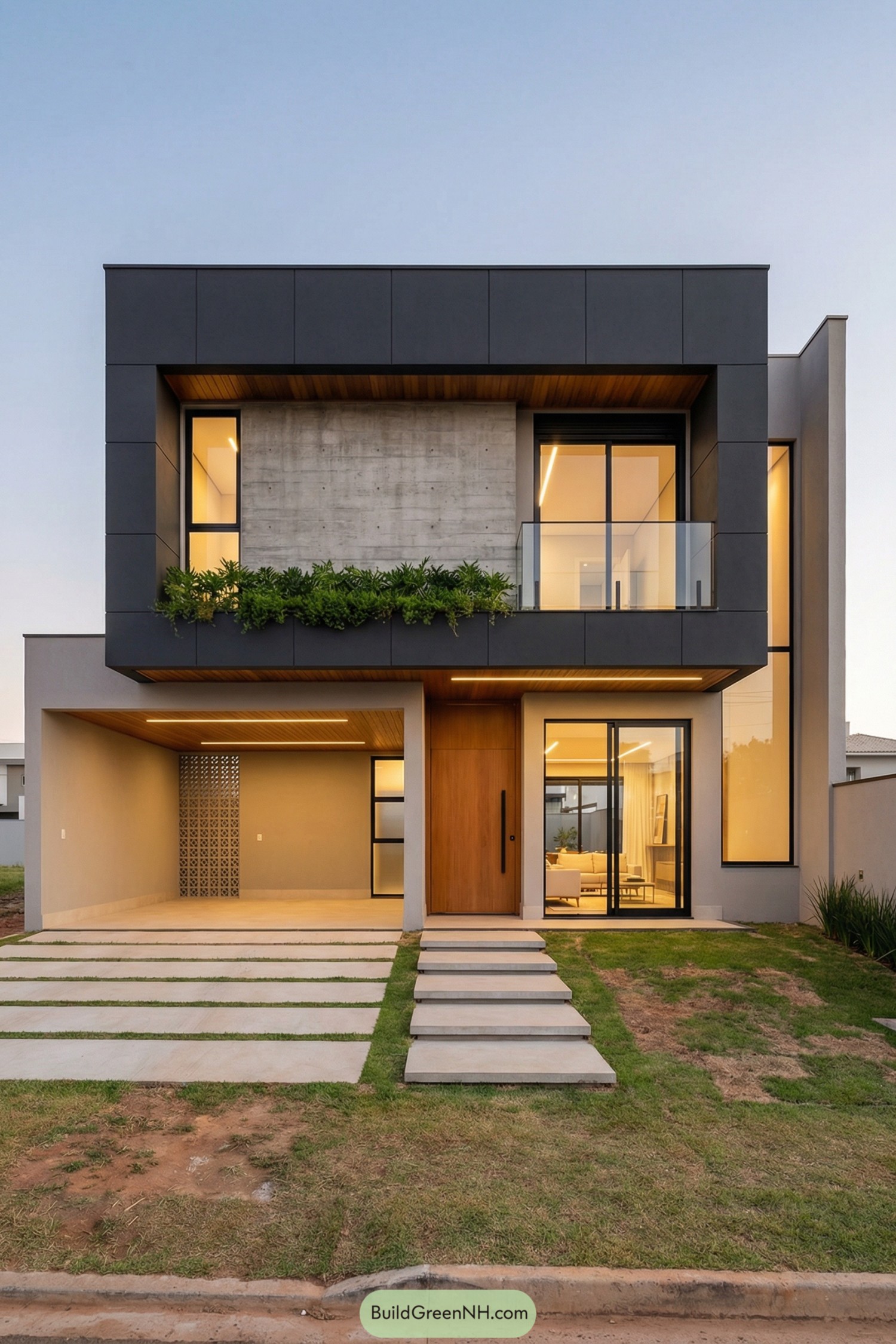Two story modern house with boxed upper level balcony and greenery over a recessed garage