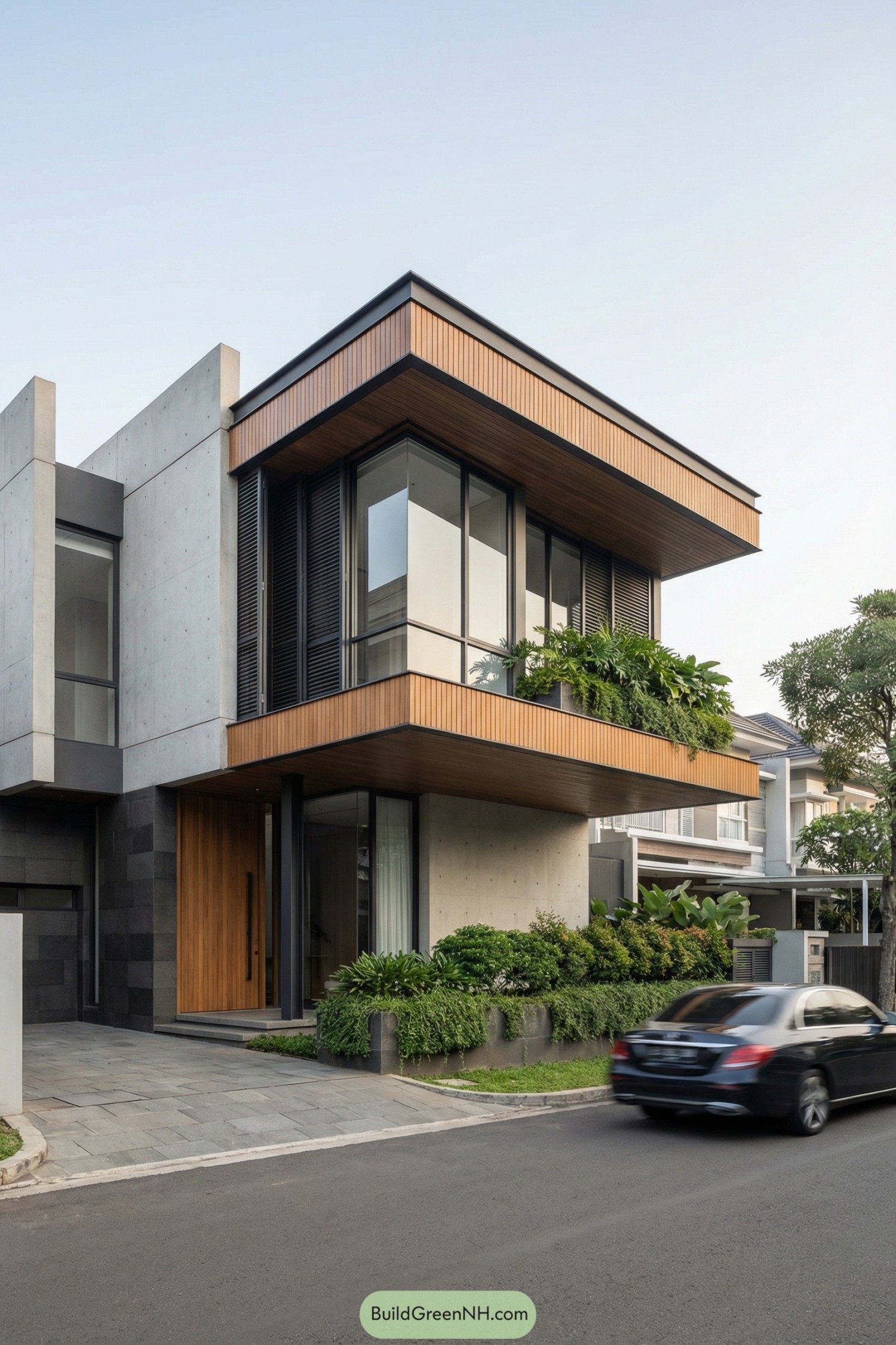 Modern two story house with cantilevered timber framed upper floor, large glass windows, and lush greenery along the balcony and front garden