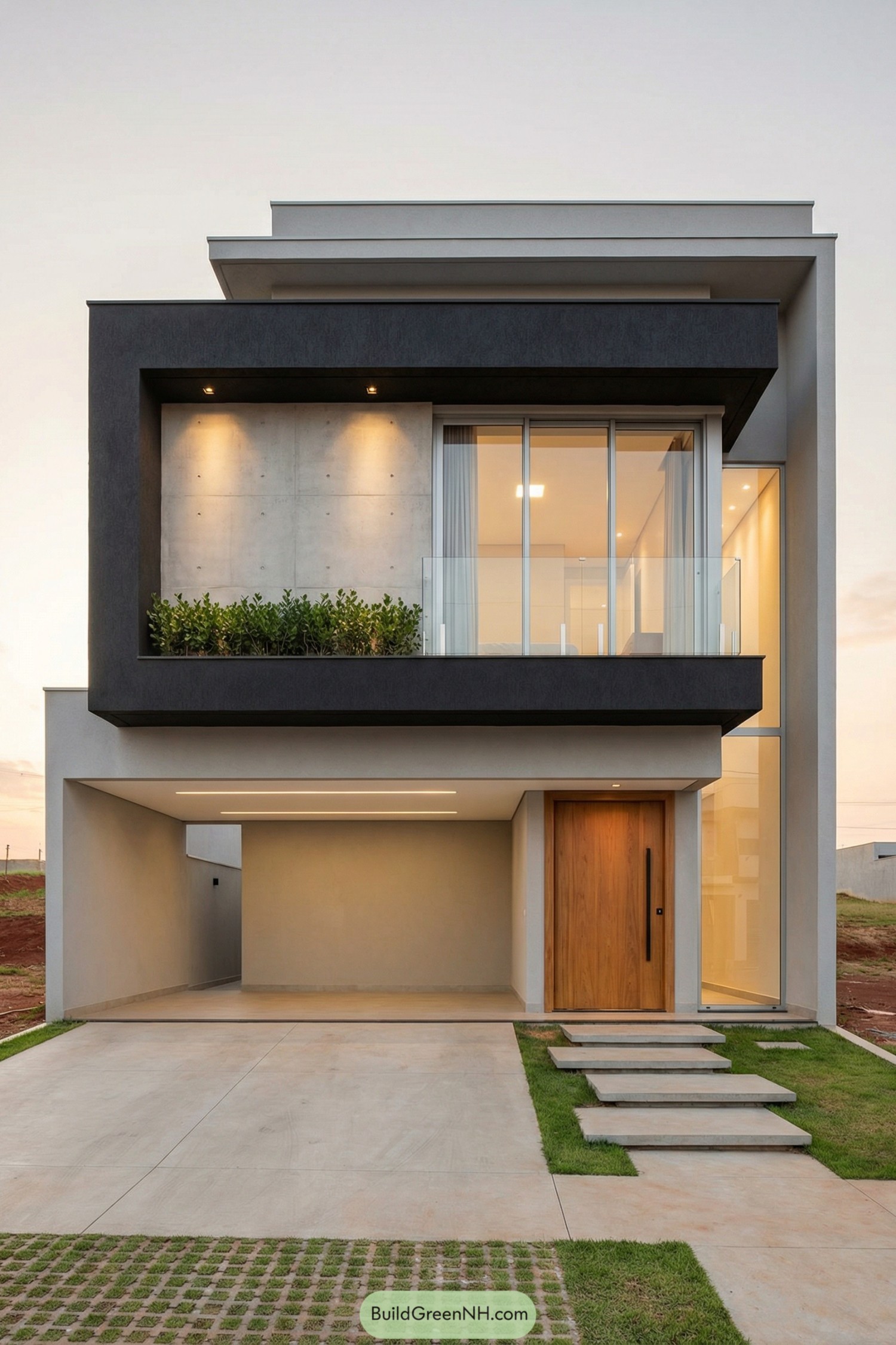 Modern two story house with bold boxy facade and warm wood entry door