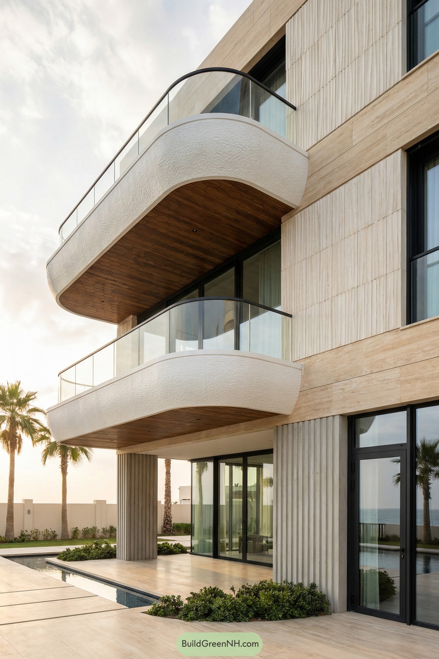 Modern beachfront house with sculpted curved balconies and glass railings