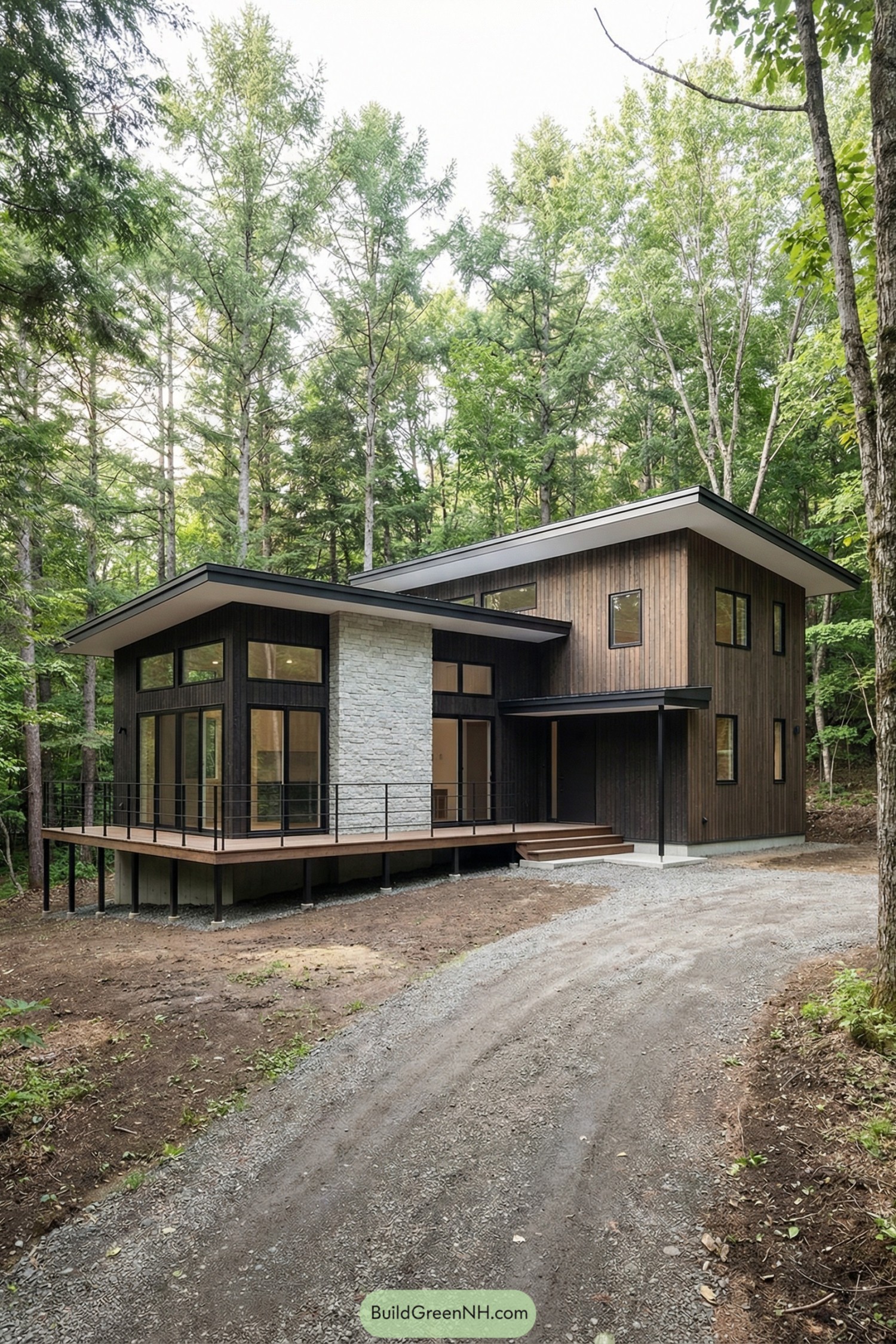 Modern forest house with stone core, dark wood siding, and wraparound deck
