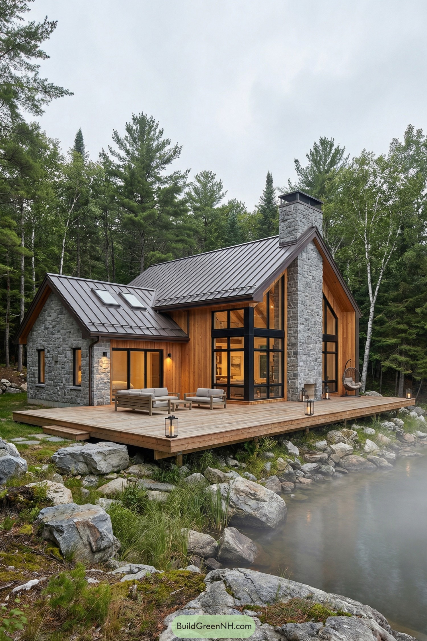 Modern wood and stone cabin by lake