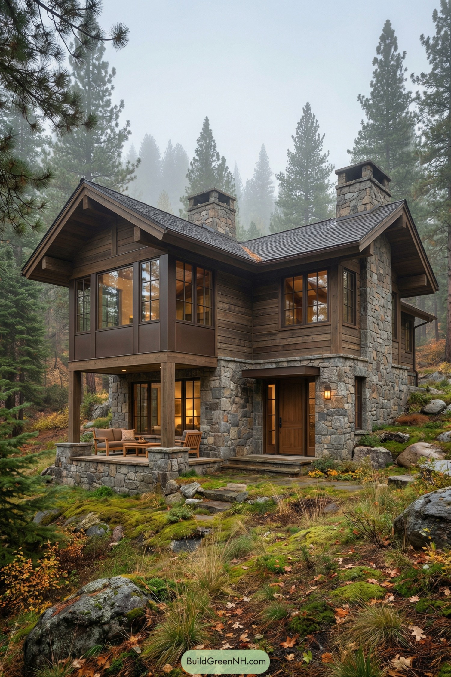 Two story stone and wood cabin nestled in a misty forest