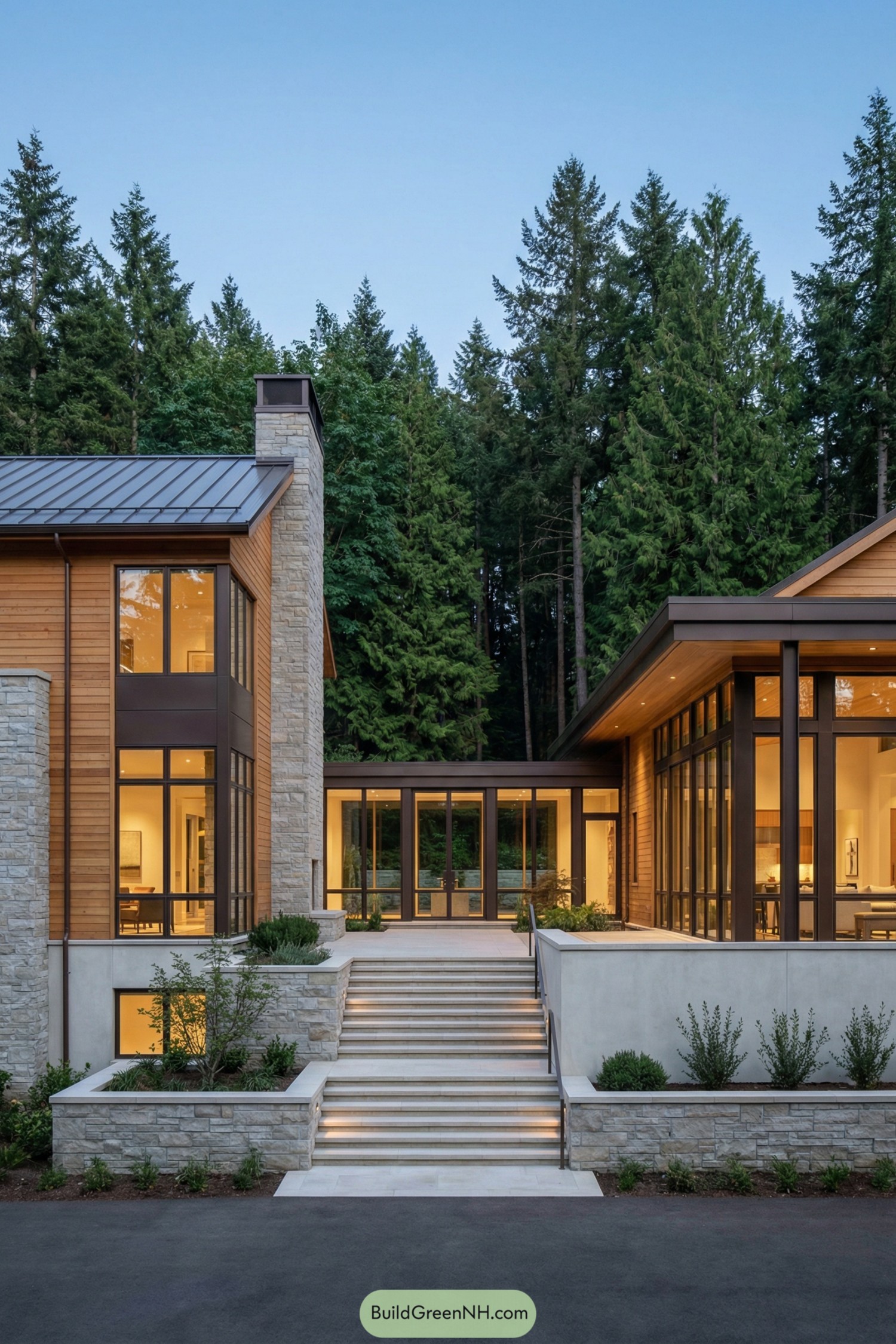 Modern wood and stone house set against tall evergreens
