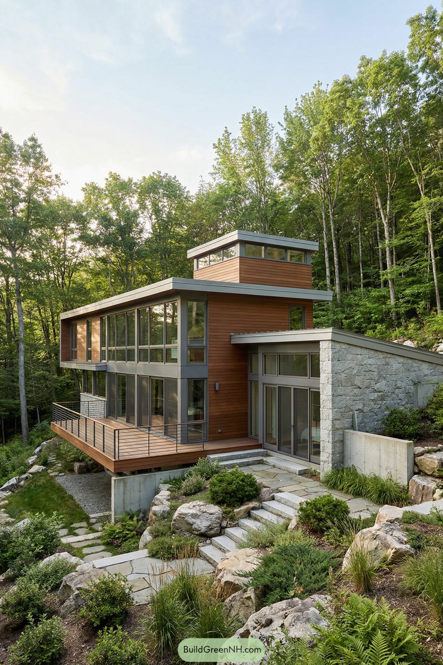 high-res photo of modern house in forest with stone and wood, facade and style: rectilinear multi-level modern house on a rocky slope, long horizontal main volume with full-width glazing, secondary lower stone volume partially embedded in terrain, clean lines, minimal detailing, cantilevered wood terrace facing camera. colors: warm natural wood brown, light grey granite stone, dark grey metal trims and window frames, clear glass, green vegetation, muted earthy ground tones, pale blue sky. shape of structure: elongated upper bar volume, smaller box volume stacked above central portion, lower right stone wing with slightly angled front wall, stepped massing following hillside, strong horizontal emphasis. materials of building: horizontal wood siding on upper levels, rough-cut stacked stone on retaining walls and right wing facade, exposed concrete base elements, dark metal balcony railings and window frames, large glass panels. roofing: flat roofs on main and upper box volumes with thin metal fascia, low parapets, subtle single-slope roofline over stone wing. windows: continuous strip of floor-to-ceiling windows along upper facade, large vertical sliding or fixed glass panels on lower stone wing, clerestory band on top box, clear reflective glass, slender dark mullions. doors: wide sliding glass doors integrated into glazing lines on terrace level and lower stone wing, minimal frames, no ornament. outdoor structures: elevated wood terrace with metal railing along upper level, stone steps and irregular stone pavers forming a path leading up the slope toward the house, stone retaining walls built from large boulders and smaller cut stones creating terraced platforms. landscaping: naturalistic arrangement of large boulders, low shrubs and grasses tucked between stones, trimmed evergreen shrubs lining a central terrace edge, open grass patches in foreground, minimal formal planting. surrounding environment: dense mixed forest of tall slender trees with green foliage enclosing the house on three sides, undergrowth of ferns and small bushes, filtered daylight through canopy, distant tree line forming soft backdrop. setting and scene: ground-level frontal view from below the house, slight upward angle, foreground stone path and grass leading eyes toward the facade, calm weather, soft late-afternoon light enhancing texture of stone, wood, and foliage, overall picture-worthy forest retreat composition. single real-life photo, high-resolution, architectural photography, soft lighting, cinematic composition.