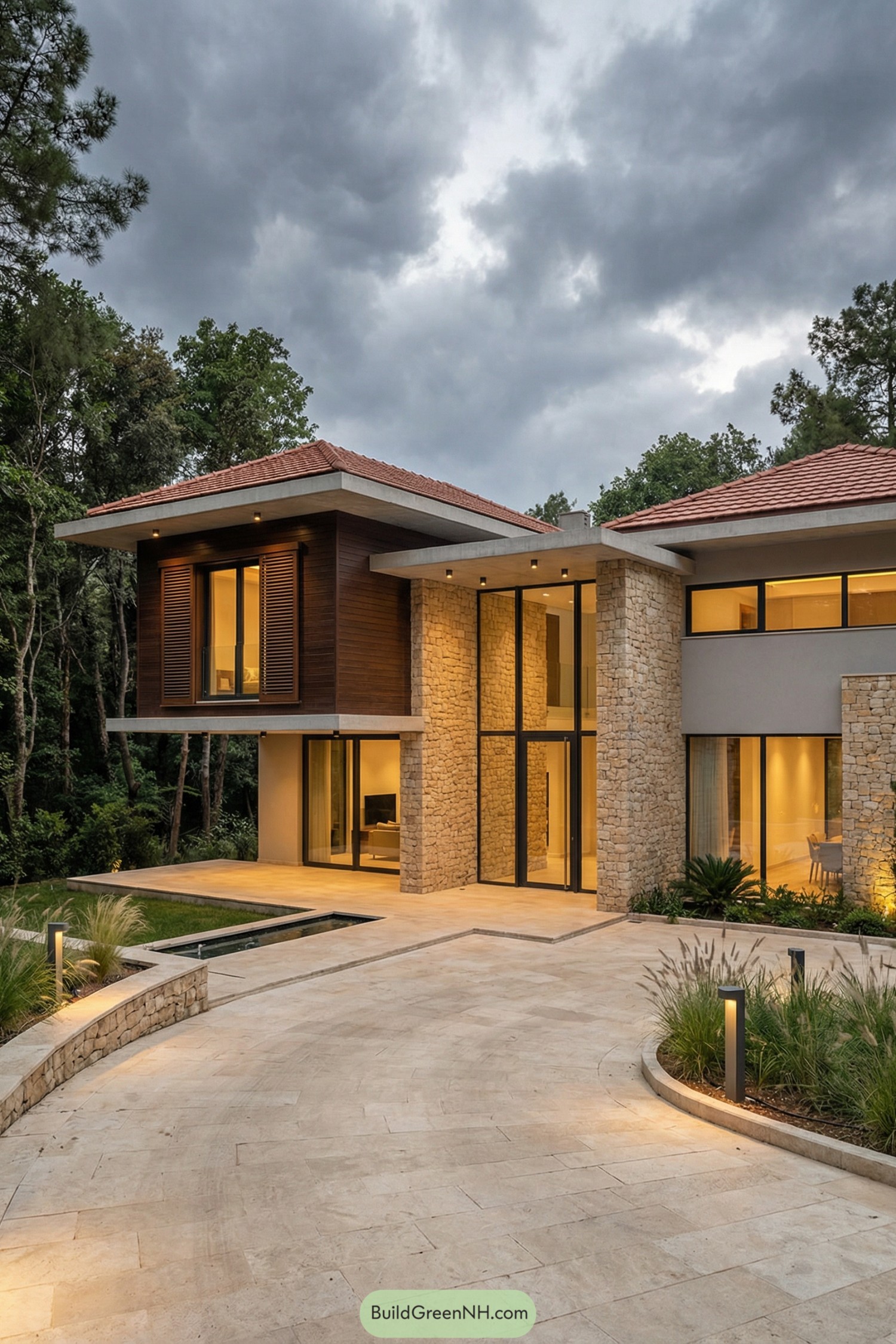 Modern stone and wood house nestled in a forest clearing with large glass walls and a tiled roof