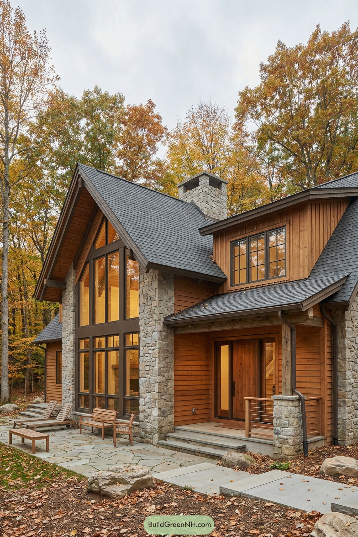 Warm wood and stone house in a forest clearing with large windows and a slate patio
