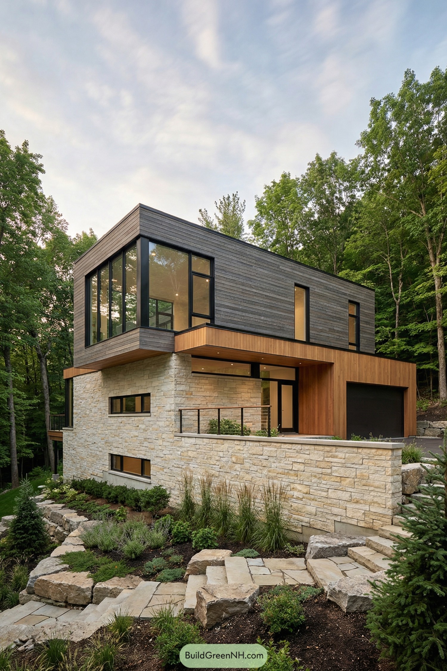 Modern two-story forest house with stone base wood siding and large corner windows