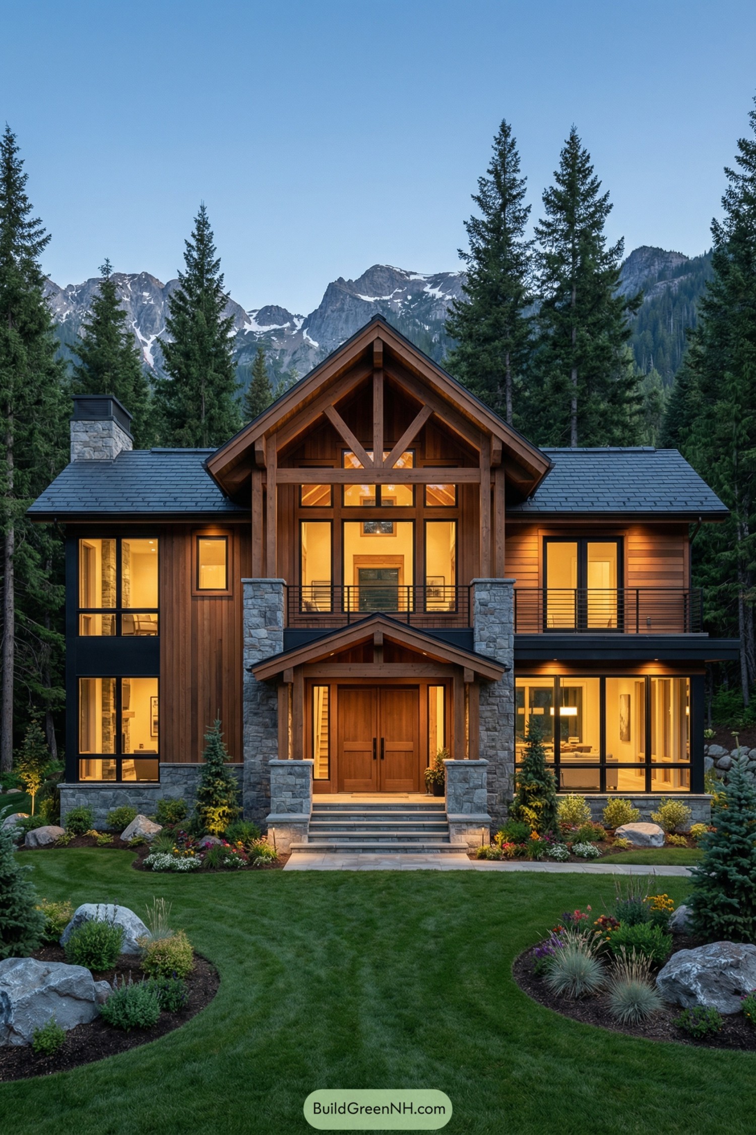 Modern two-story timber and stone mountain house at forest edge