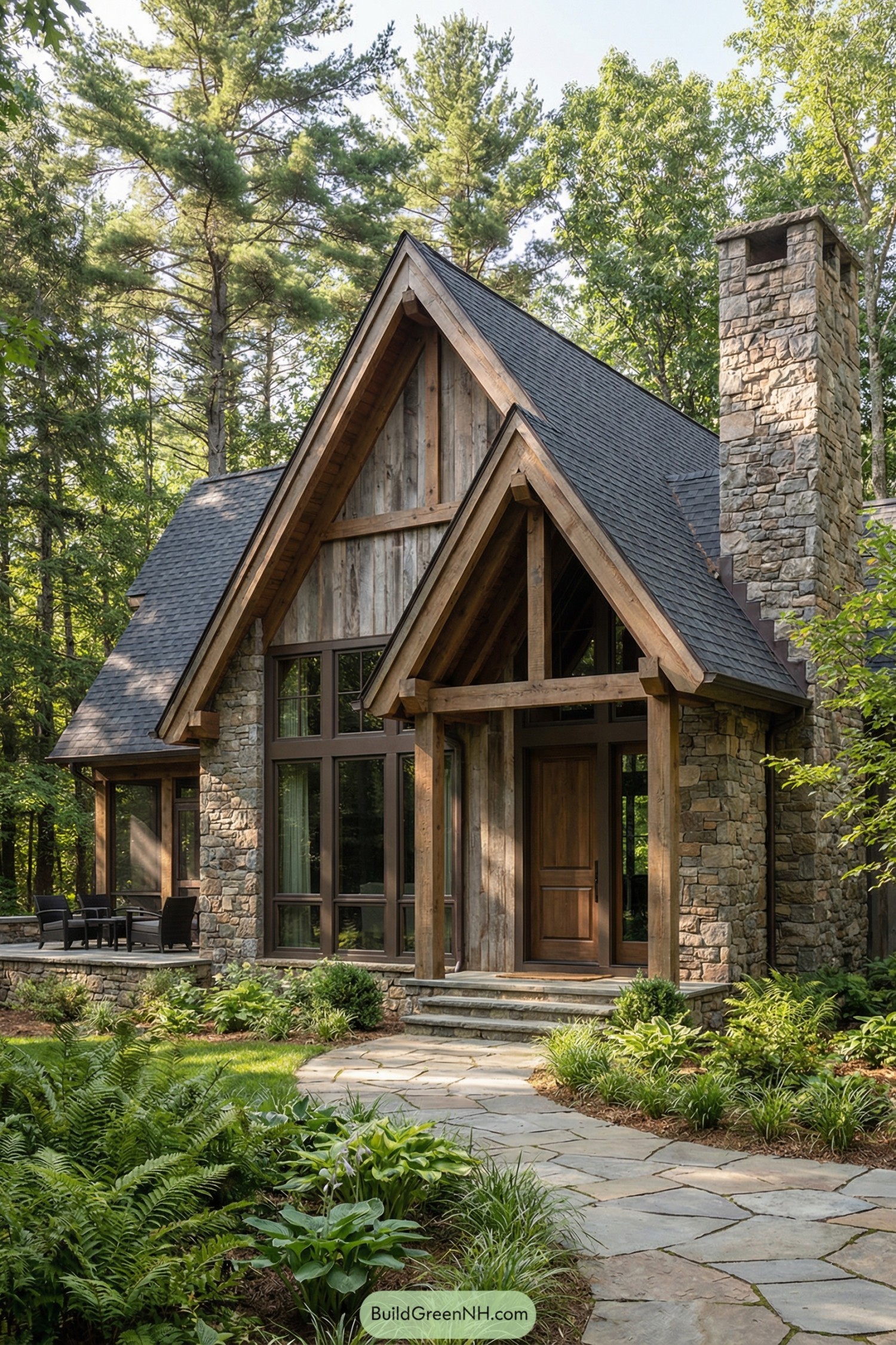 Stone and wood forest house with tall gables and a winding flagstone path