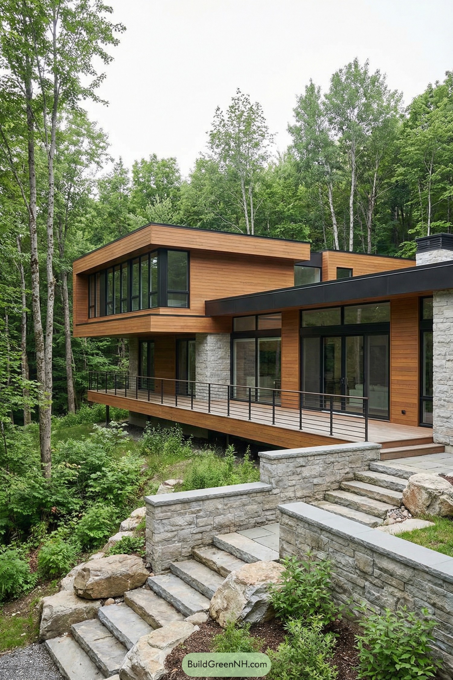 Modern forest house with wood siding and stone terraces
